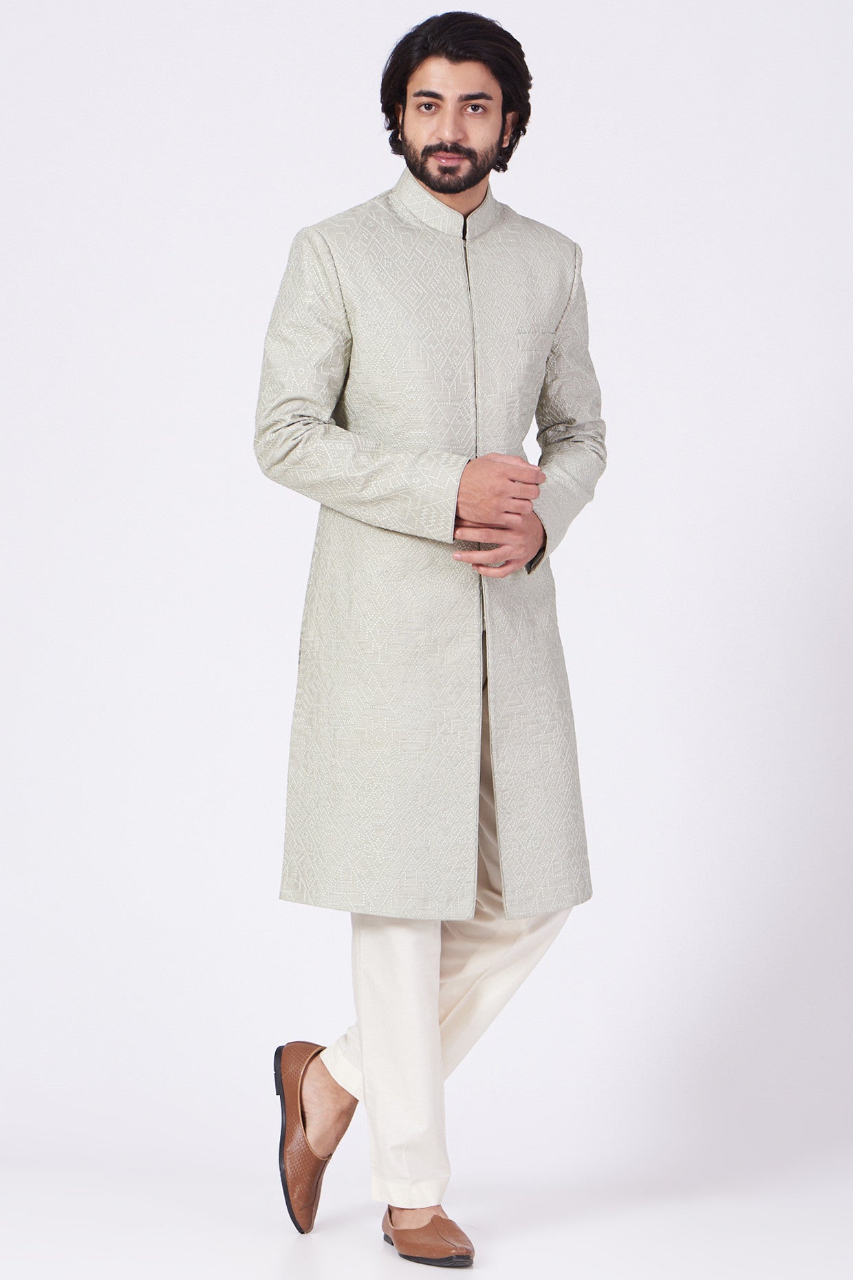 Elegant Mint Green Geometric Embroidered Sherwani for Men | Traditional Indian Wedding Outfit | Perfect for Festivals, Ceremonies & Special Occasions