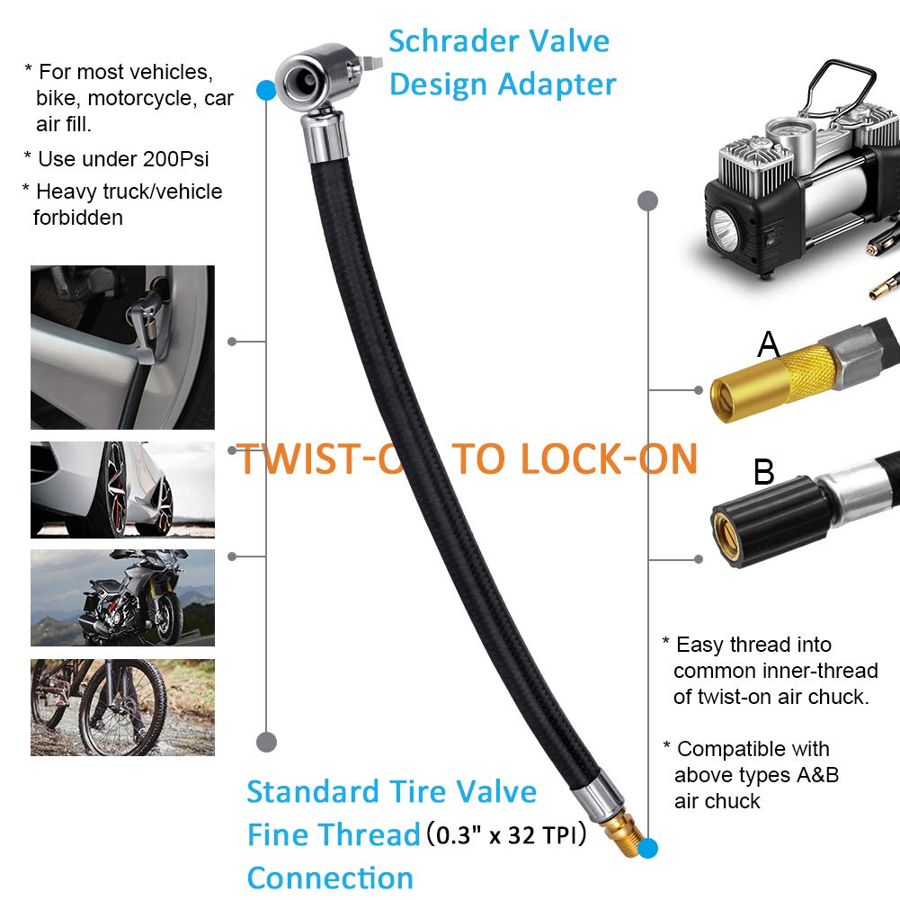 2 PCS Locking Air Chuck with Air Hose & Standard Tire Valve Fine Thread - Heavy Duty Air Inflator Hose Adapter for Twist to Lock On Connection - Perfect for Car Tires, Bikes, ATVs and Inflatable Toys