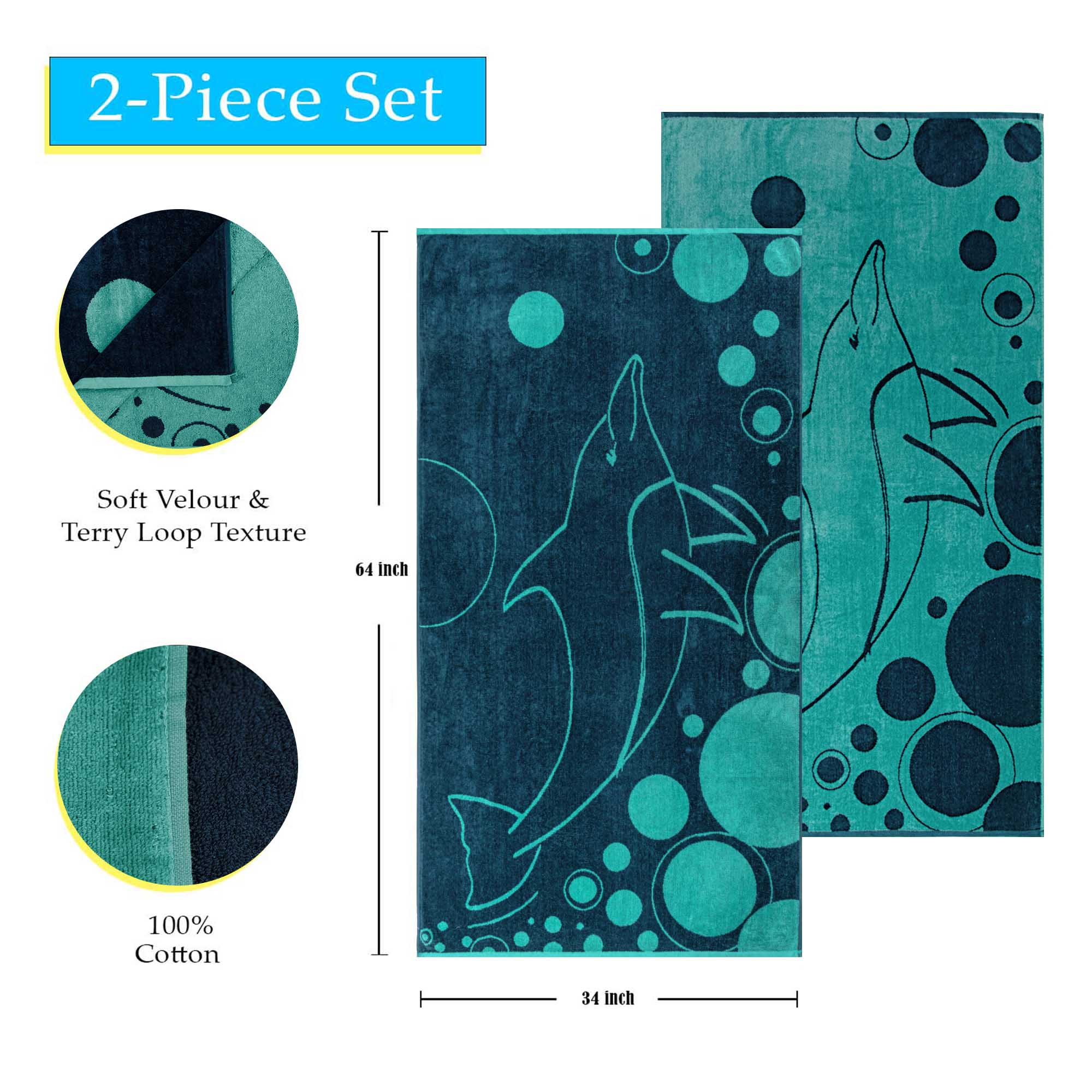 Mystic Dolphin Cotton Oversized 4-Piece Beach Towel Set - Soft, Absorbent & Quick-Dry Bath Towels for Pool, Beach, Yoga, Gym & Outdoor Activities