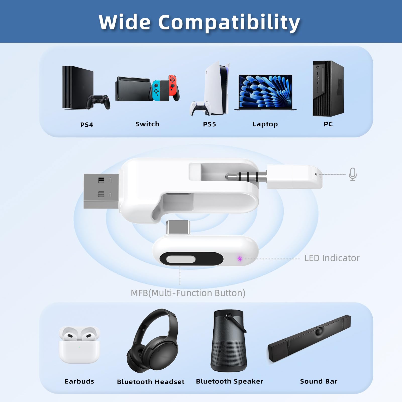 Bluetooth 5.2 Adapter for PS5 with aptX Low Latency - USB C Wireless Audio Transmitter for Headphones - Compatible with PS5, PS4, Nintendo Switch - Supports Built-in Mic & USB A Port - Perfect for Gaming, Streaming & Wireless Audio Setup
