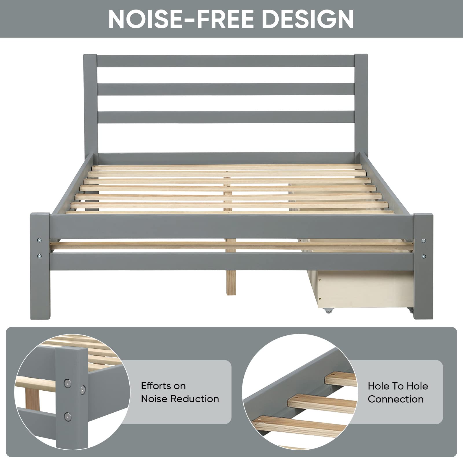 Baysitone Full Size Platform Bed Frame with 2 Storage Drawers & Headboard - 10 Wood Slats Support, 500 lbs Weight Capacity, No Box Spring Needed (Bright Gray) - Perfect for Small Bedrooms, Guest Rooms & Space-Saving Storage Solutions