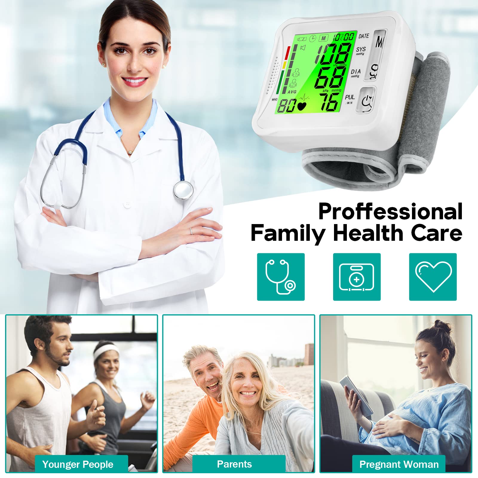 2024 Upgraded Wrist Blood Pressure Monitor - Digital BP Machine with Tri-Backlit LCD Display, Automatic Pulse Rate Monitoring, USB Rechargeable, 2x99 Memory Storage | Portable Blood Pressure Check for Home Use, Travel & Fitness Tracking