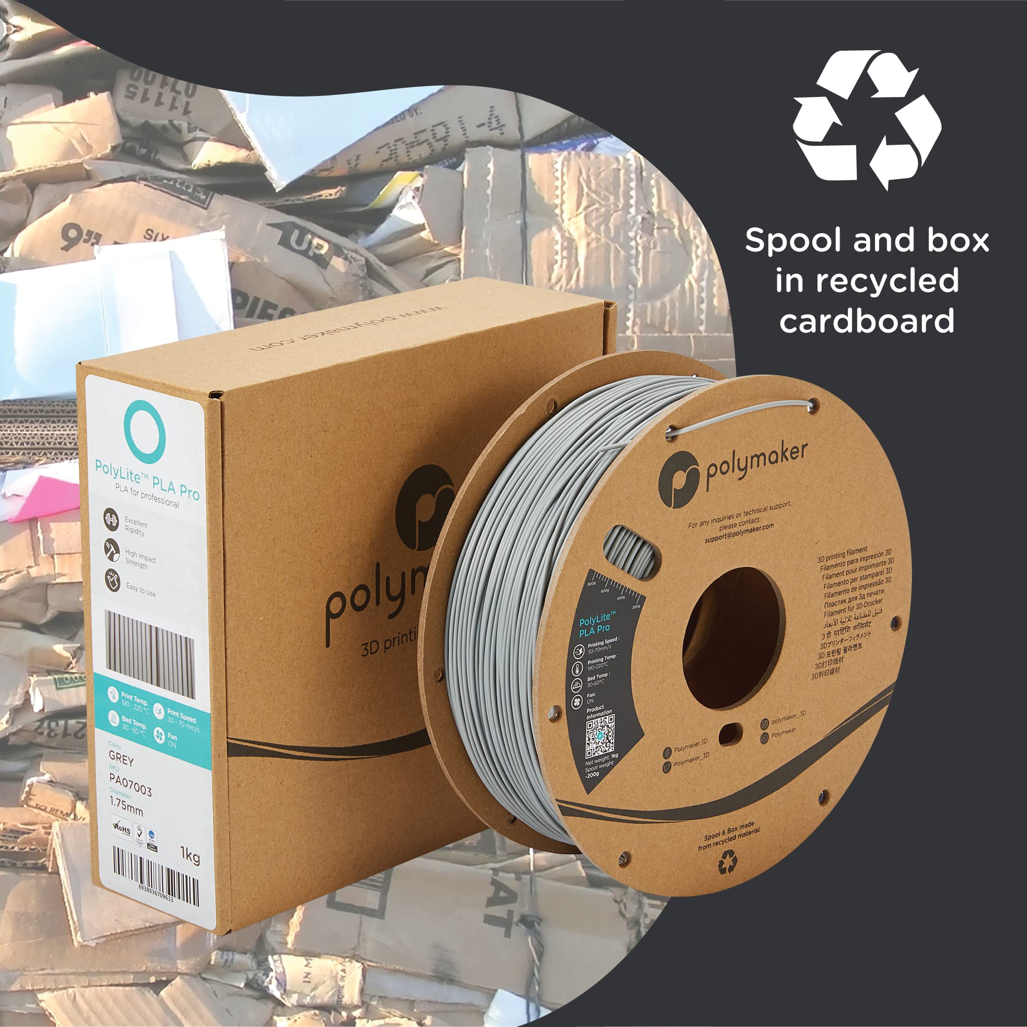 Polymaker PLA PRO Filament 1.75mm Gray - High Strength & Rigidity 3D Printer Filament 1kg Spool | Premium PLA Filament for 3D Printing, CNC Machines & DIY Projects | Durable & Easy to Use Filament for Prototyping, Cosplay & Home Decor