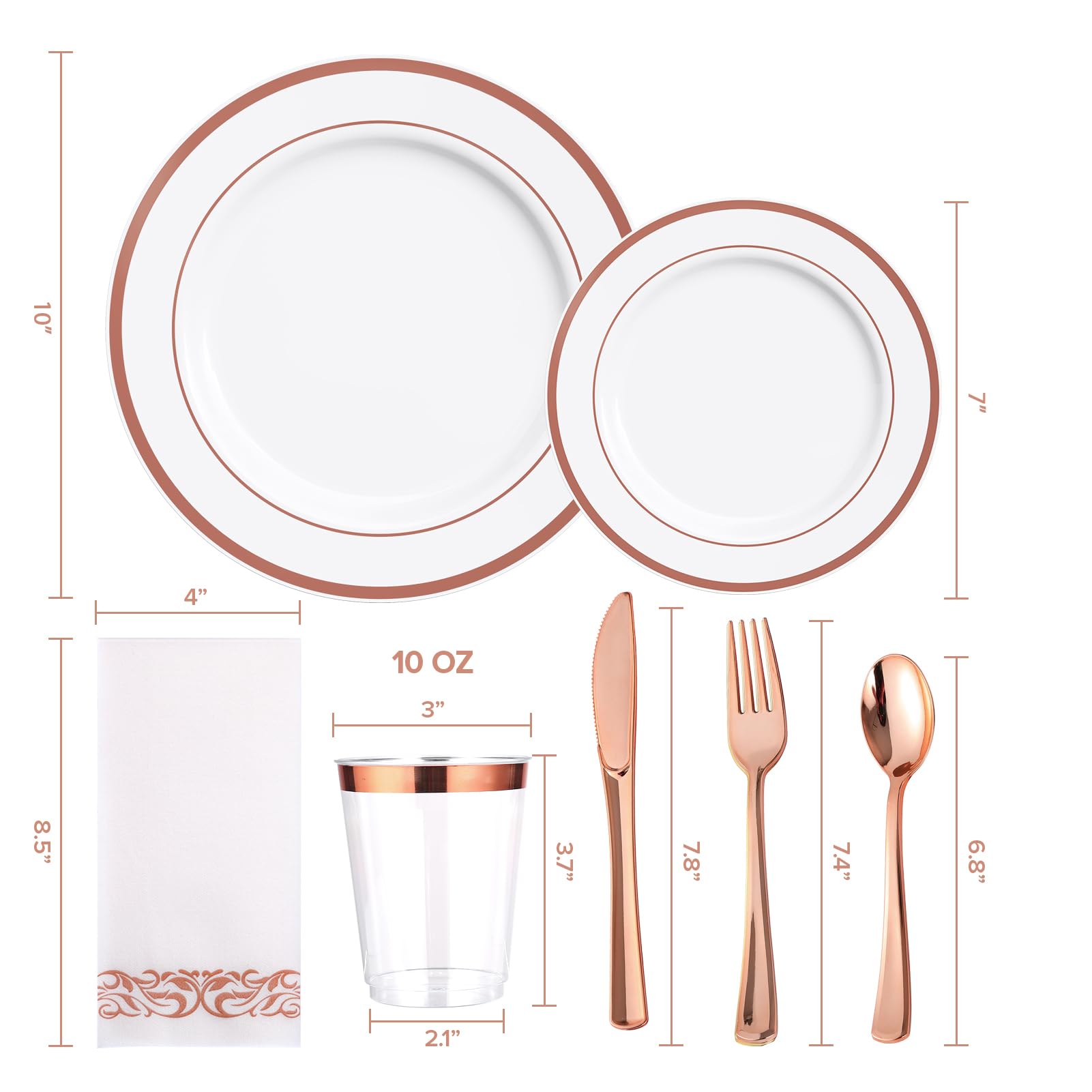700-Piece Rose Gold Disposable Dinnerware Set - 200 Plastic Plates, 300 Silverware, 100 Cups & 100 Hand Towels - Elegant Party Supplies for Halloween, Christmas, Thanksgiving - Perfect for Weddings, Baby Showers & Birthday Celebrations