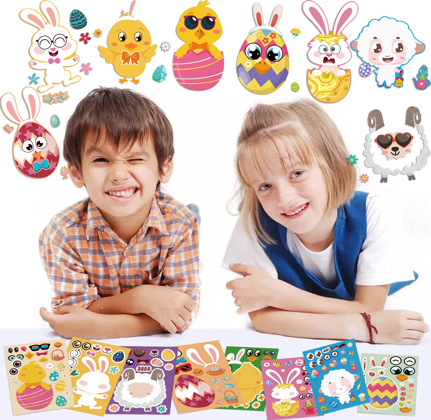 32 Sheets Easter Stickers for Kids - DIY Make-A-Face Farm Animal Stickers with Easter Eggs, Bunnies, Chicks & Sheep - Mix & Match Stickers for Easter Party Favors, Crafts & Home Decor - Perfect for Easter Egg Hunts, Classroom Activities & Gift Bags