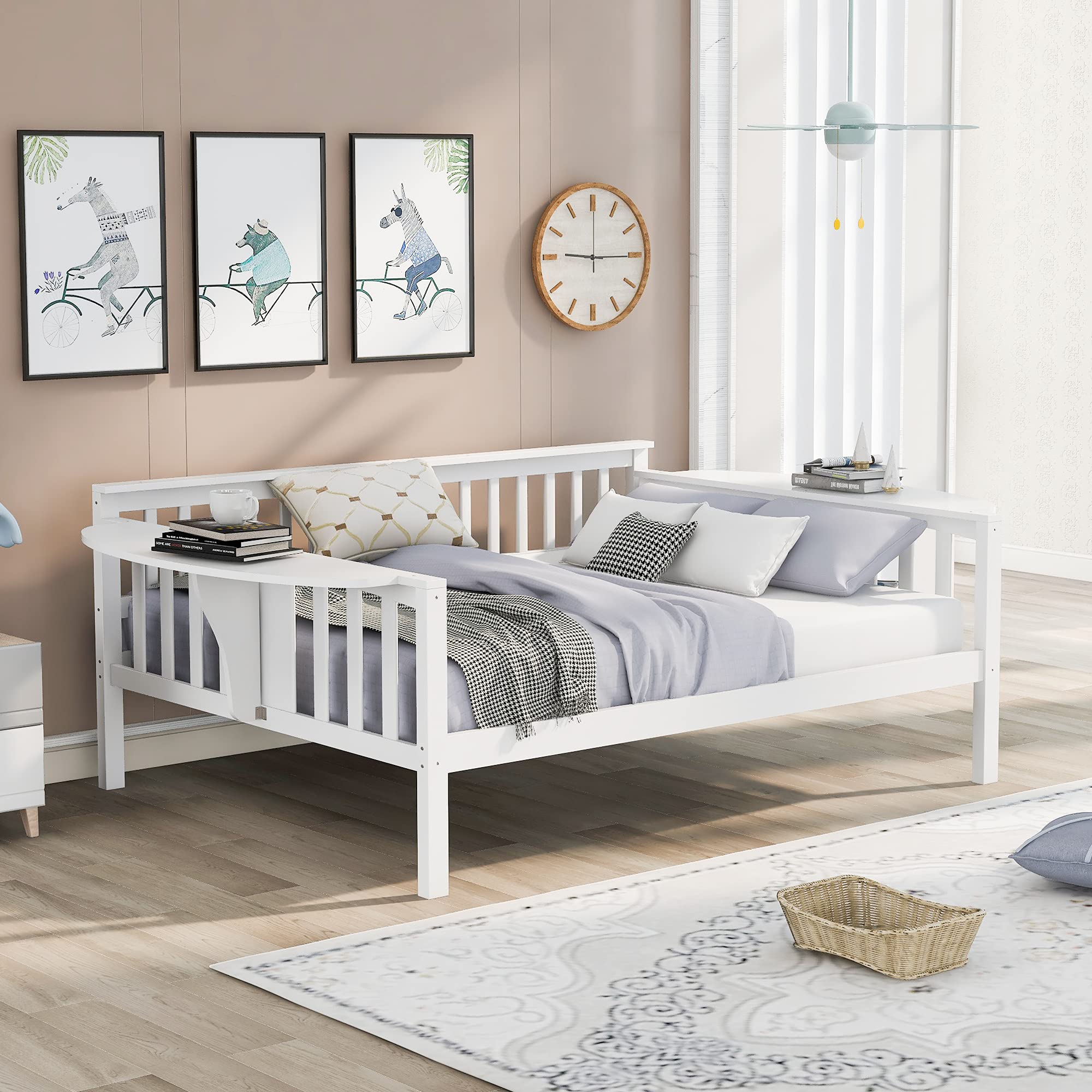 Harper & Bright Designs White Full Size Daybed with Wood Slat Support & Side Table - Convertible Sofa Bed Frame for Bedroom, Living Room, Guest Room & Small Spaces - Modern Furniture for Home & Apartment
