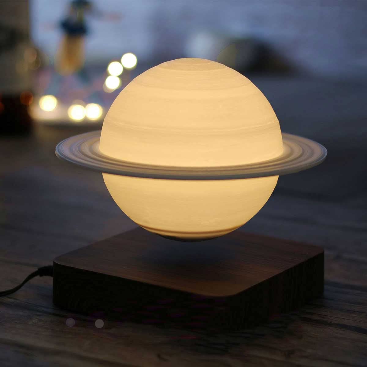 3D Printed LED Saturn & Moon Levitating Lamp - Floating & Spinning Night Light with Wooden Base, 3 Color Modes for Bedroom, Living Room & Office Decor - Perfect Gift for Home, Birthday & Romantic Ambiance