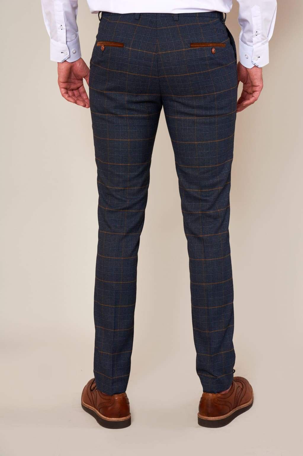 Marc Darcy Jenson Marine Navy Check Skinny Fit Trousers for Men - Slim Fit Casual Pants for Work, Office & Everyday Wear