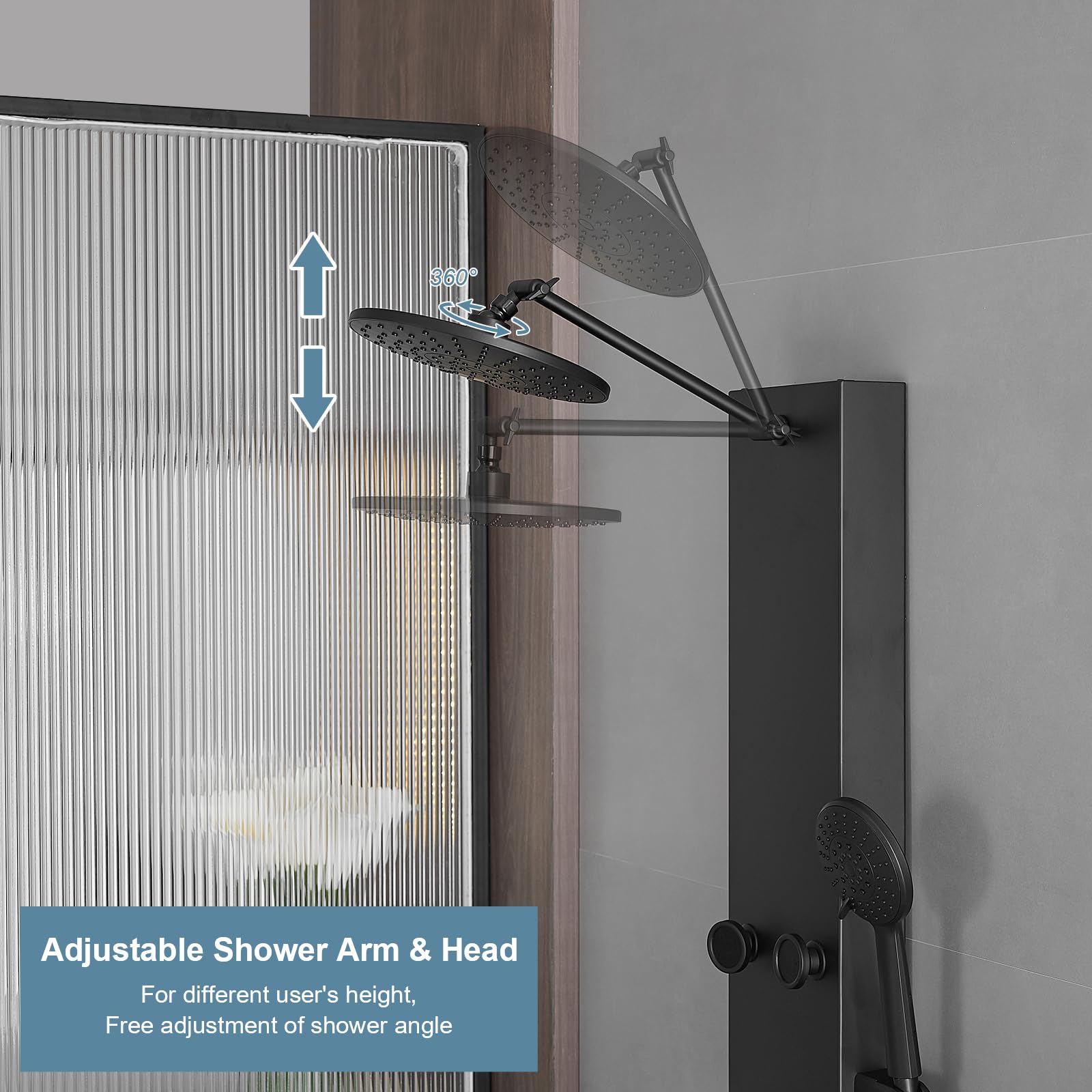 Homevacious Matte Black Stainless Steel Shower Panel System - Adjustable Rainfall Shower Head with 6 Body Jets & 4-Setting Handheld Shower | Wall Mounted Bathroom Spa Experience for Full Body Relaxation | Perfect for Master Bathrooms, Luxury Showers & Modern Home Renovations