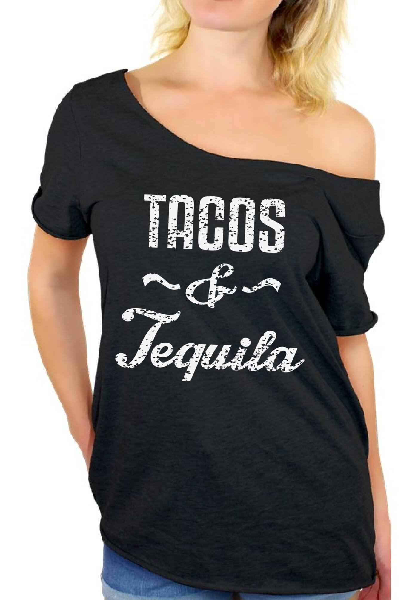 Awkwardstyles Tacos & Tequila White Logo Off Shoulder T-Shirt for Women | Trendy Graphic Tee with Bookmark Gift | Perfect for Cinco de Mayo Parties & Summer Outfits