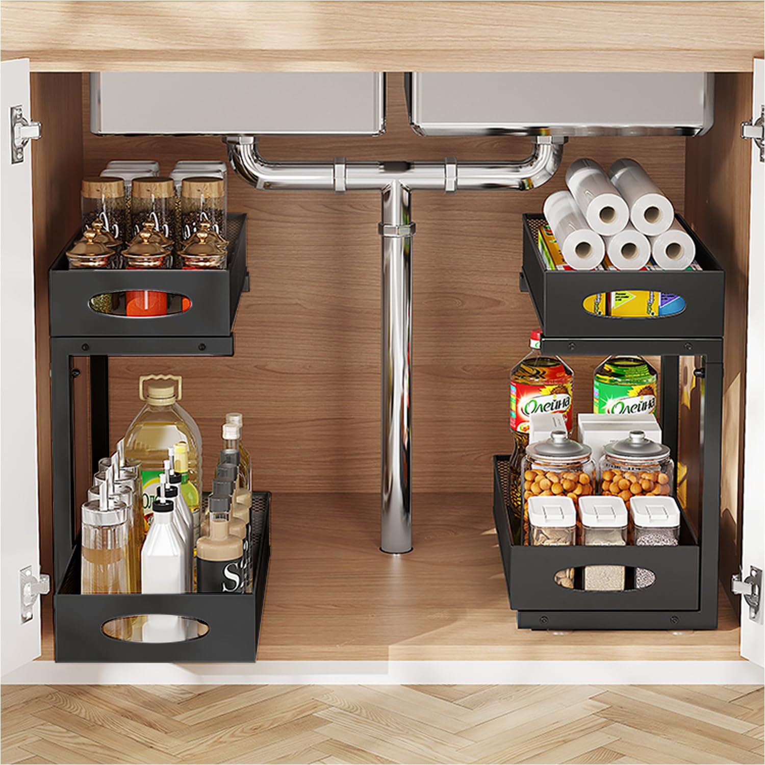 2-Tier Under Sink Organizer - Rustproof Steel Sliding Shelf for Kitchen & Bathroom Storage