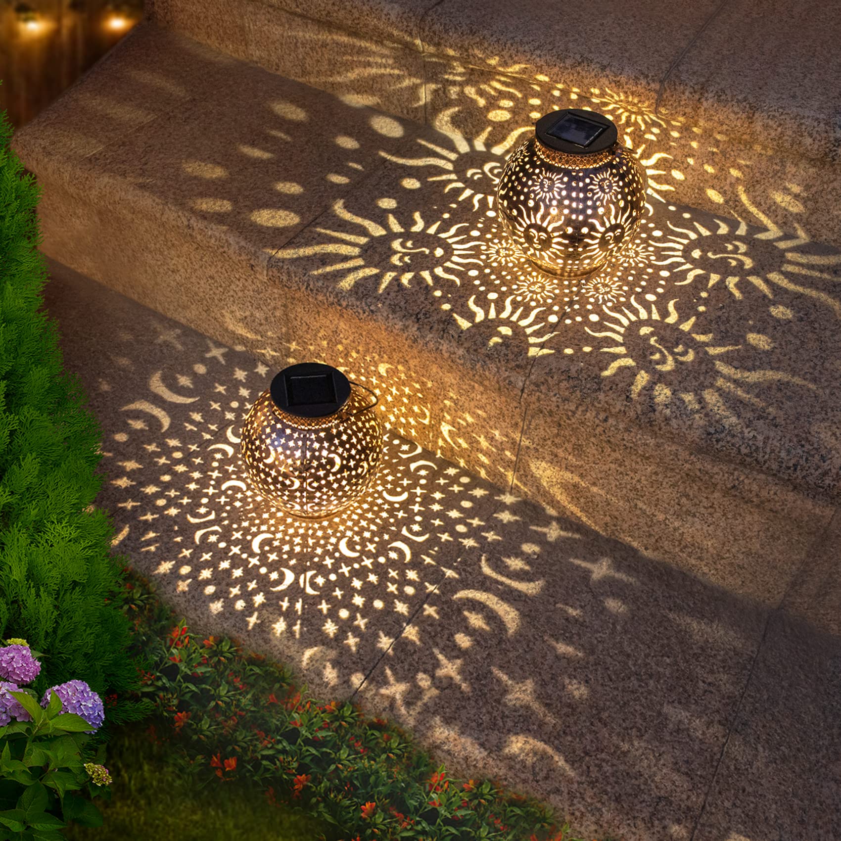6-Pack Moon Star Solar Garden Lights + 2-Pack Sun Moon Solar Lanterns - Waterproof Outdoor Solar Lights for Pathway, Yard, Patio, Garden Decoration (Warm White) - Perfect for Backyard, Walkway, Landscape Lighting