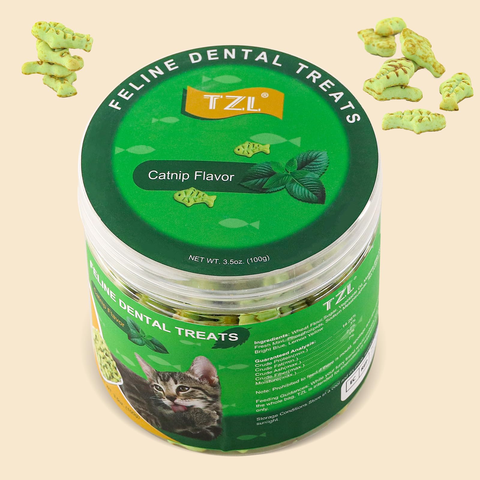 **TZL Crunchy Fish-Shaped Cat Treats – Natural & Delicious Catnip-Flavored Snacks for Kittens & Adult Cats – 3.5 oz Tub – Perfect for Training, Rewards & Playtime**