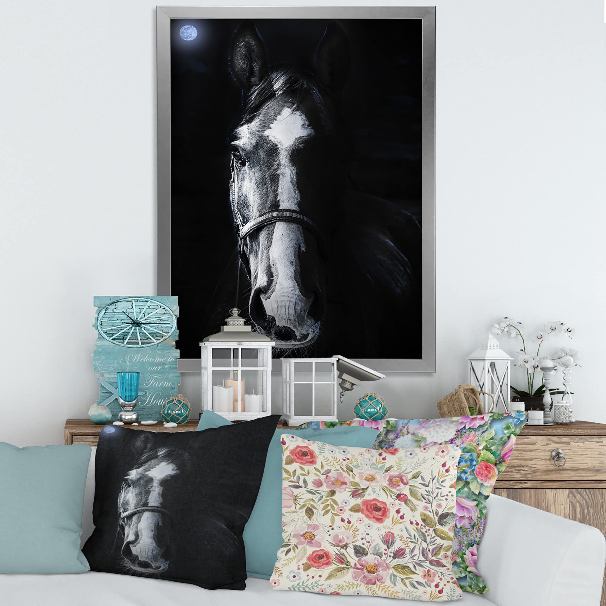Sinister Farmhouse Framed Wall Art - Gothic Horse Staring Design - Perfect for Halloween Decor, Dark Academia Room & Gothic Home Aesthetics