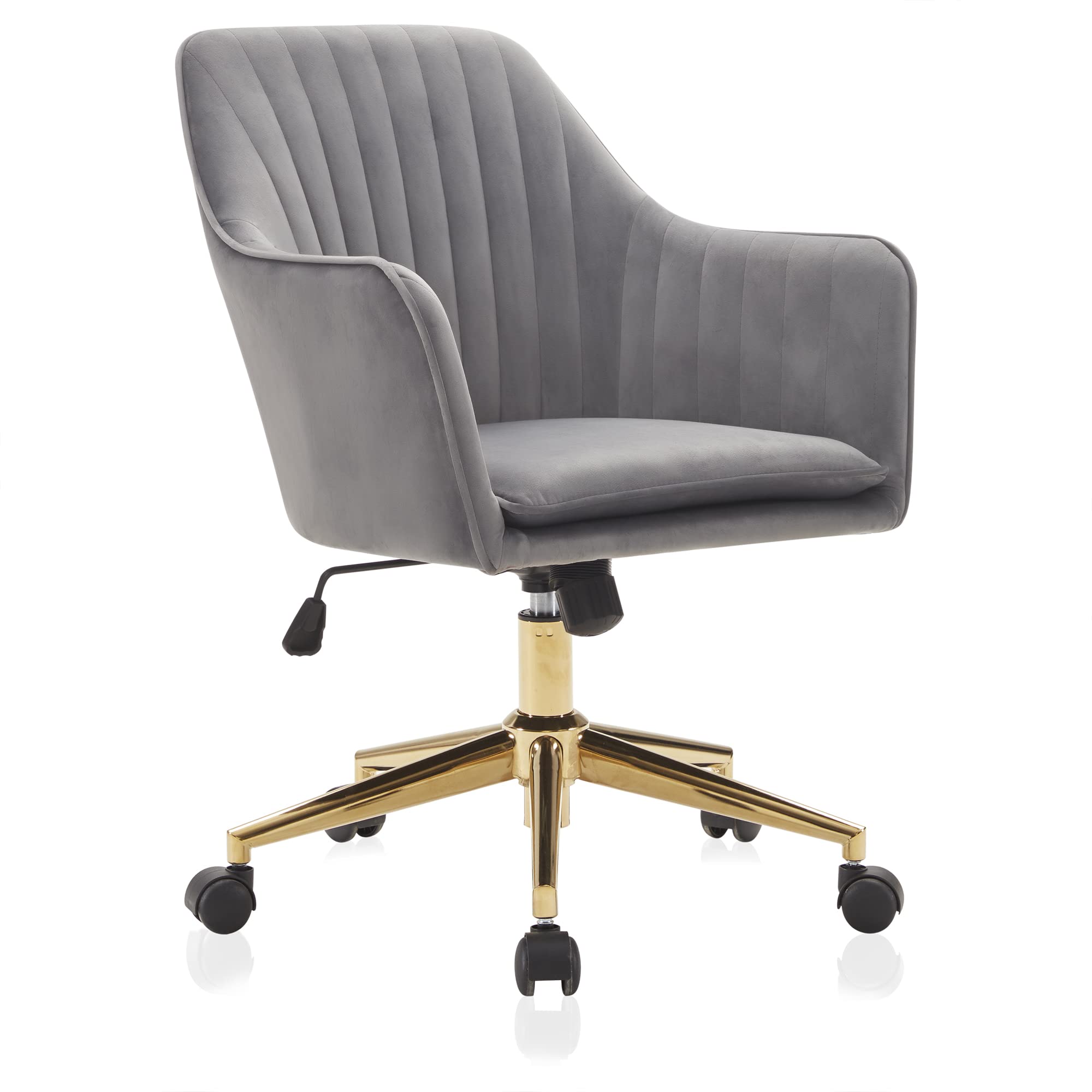 BELLEZE Modern Velvet Swivel Desk Chair with Adjustable Height - Gray & Gold Upholstered Office Chair, Rolling Vanity Armchair for Home & Workspace - Alayah Model - Perfect for Home Office, Study Room & Makeup Station