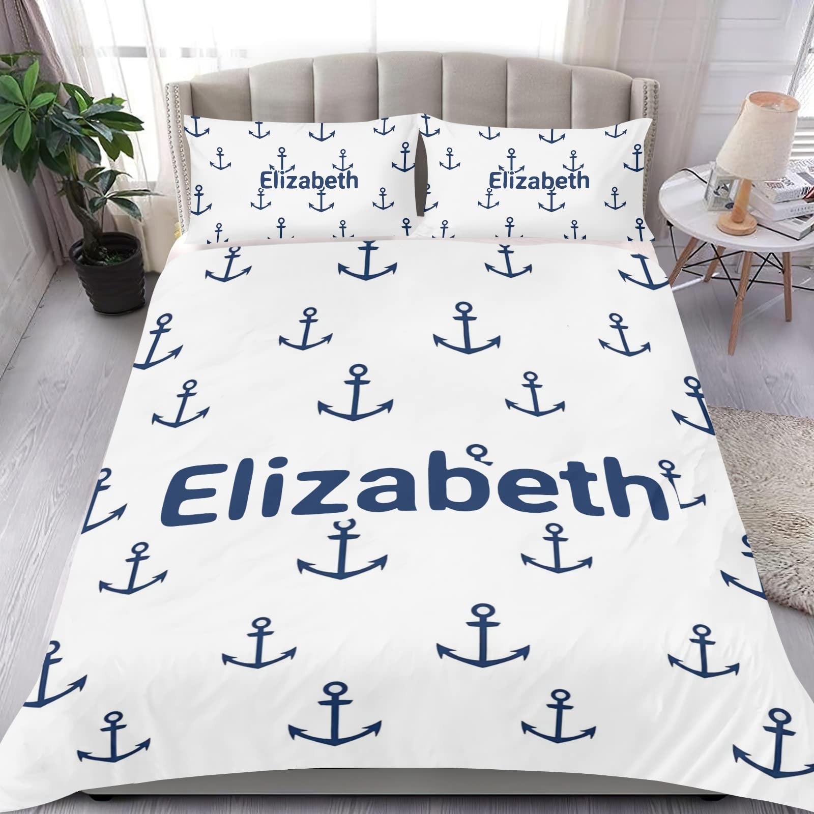 Custom Nautical Anchor Duvet Cover Set with Name - King Size Bedding with Zipper Closure & 2 Pillowcases - Perfect Wedding, Anniversary, Birthday Gift for Couples - Ideal for Master Bedroom, Guest Room & Coastal Themed Decor