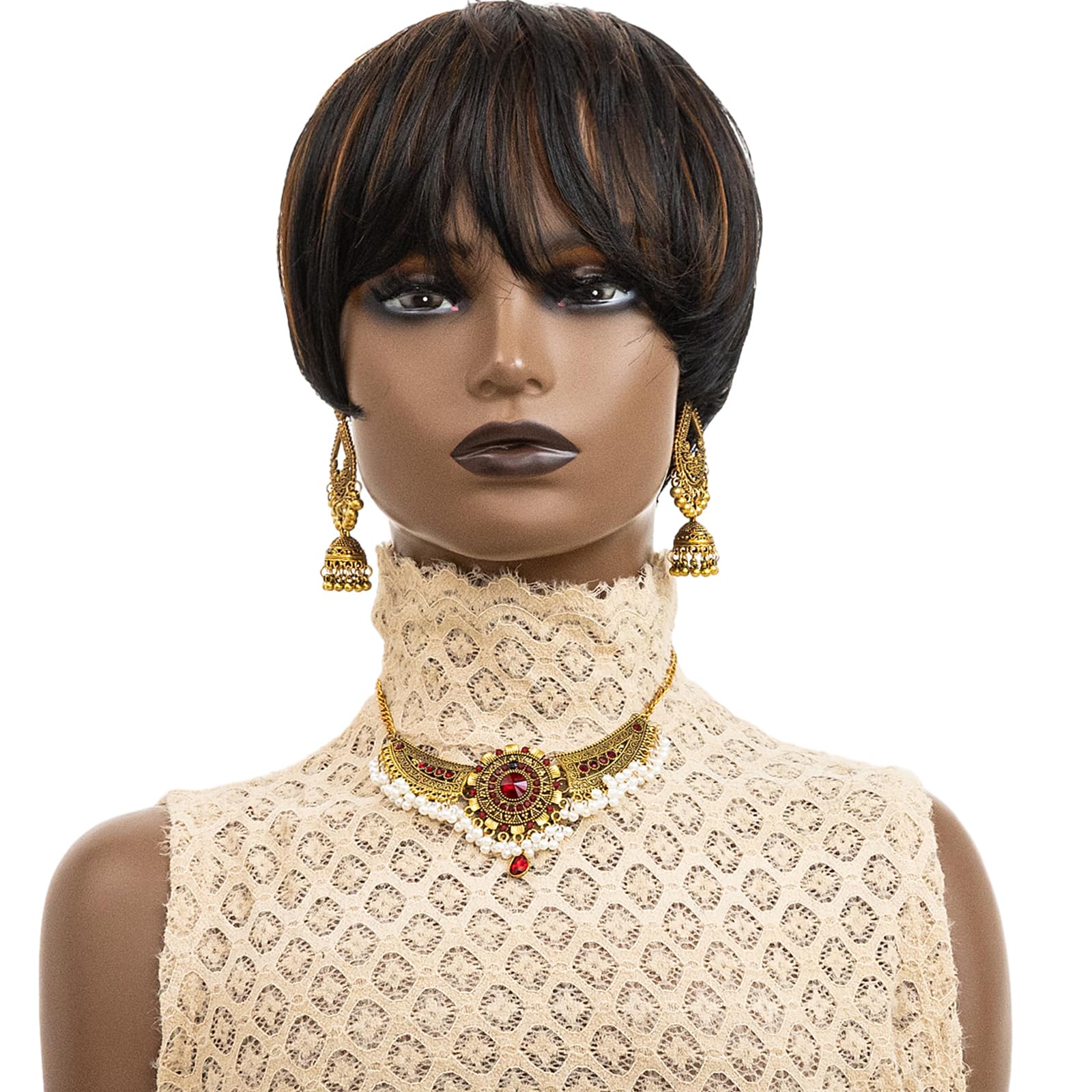 Stylish Synthetic Pixie Cut Wigs for Black Women - Short Ombre Auburn Bowl Cut Wig with Bangs (Brown Black) | Perfect for Daily Wear, Cosplay & Special Occasions