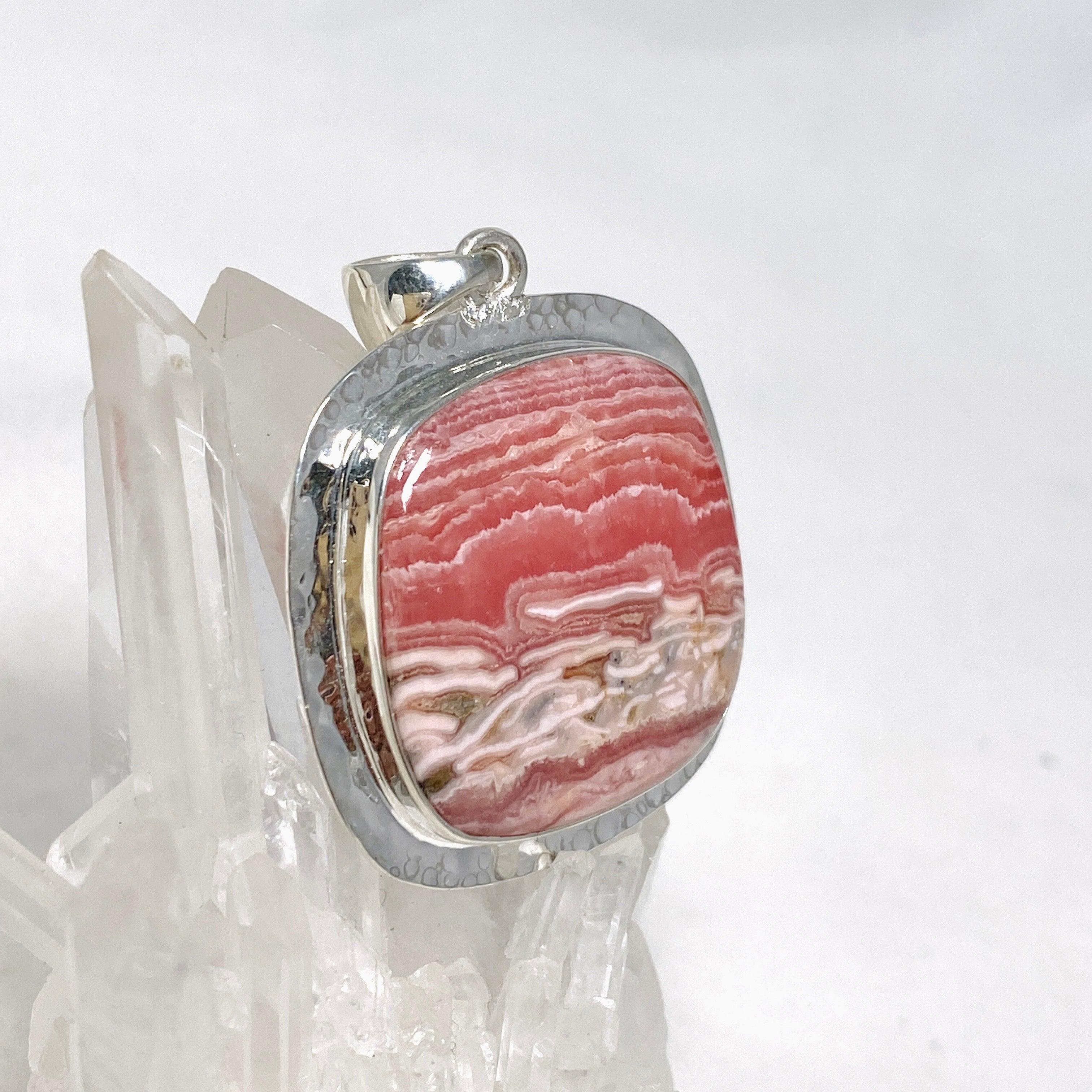 Rhodochrosite Square Pendant Necklace - Handcrafted Hammered Sterling Silver Jewelry KPGJ4322 | Perfect for Gifts, Weddings & Special Occasions