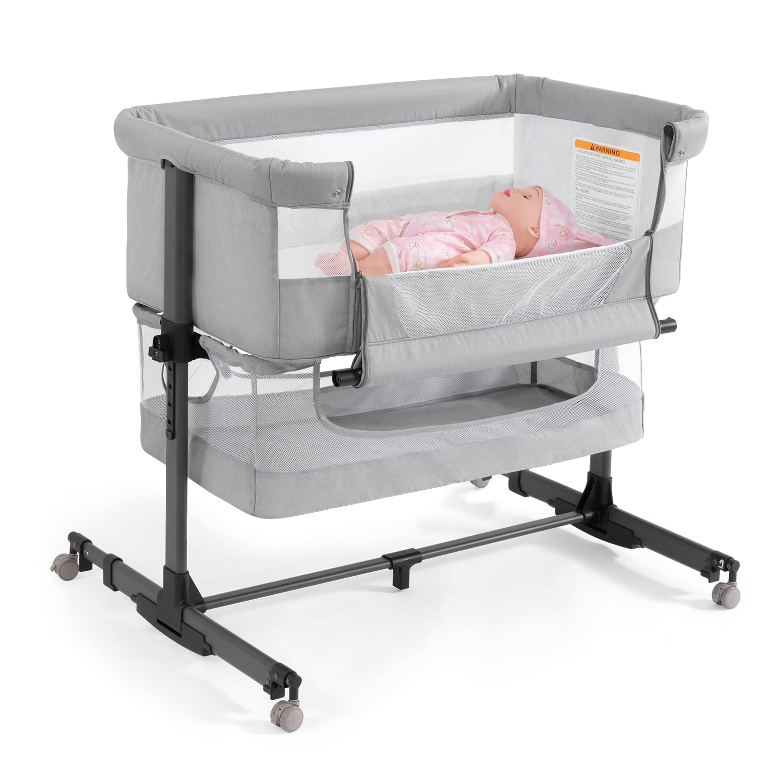Ihoming 3-in-1 Convertible Baby Bassinet Bedside Sleeper - Infant Bed, Cradle & Co-Sleeper Crib Attaches to Adult Bed, Light Grey | Perfect for Nursery, Bedroom & Travel Use