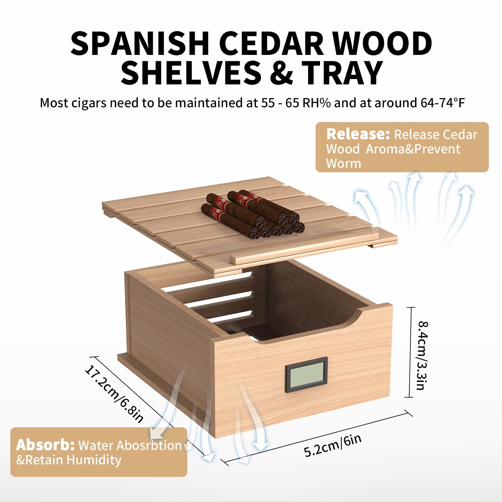 NEEDONE 8L Electric Cigar Humidor with Heating & Cooling System | Spanish Cedar Wood Shelves & Drawer | Digital Hygrometer | Thermostatic Control | Perfect Gift for Men | Home Office & Cigar Lounge Storage Solution