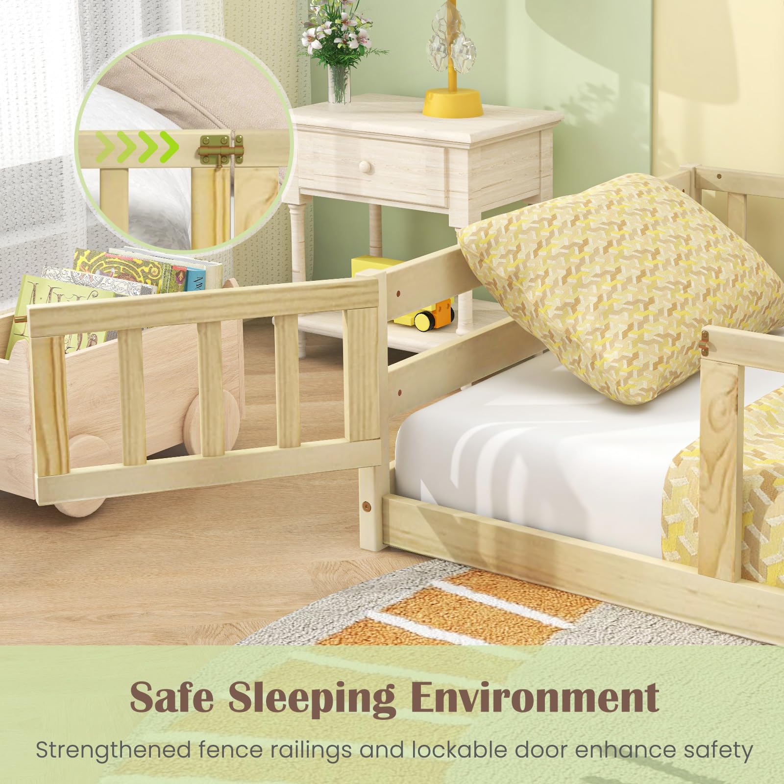 **Giantex Twin Floor Bed with Door & Safety Fence - Wooden Montessori Kids Bed Frame for Boys & Girls, No Box Spring Needed, Natural Finish - Perfect for Montessori Rooms, Toddler Bedrooms & Play Areas**