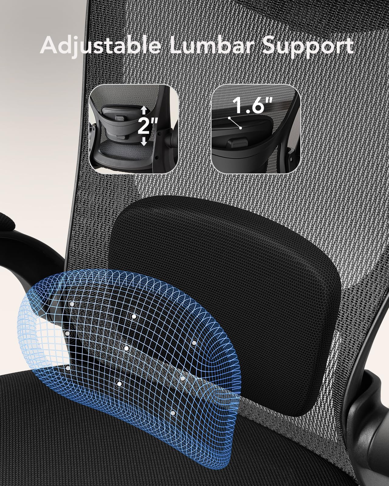 Ergonomic Office Chair with Adjustable Lumbar Support & Headrest - High Back Mesh Computer Chair with Flip-Up Armrests & Wheels for Home Office, Executive Workspace & Gaming Setup