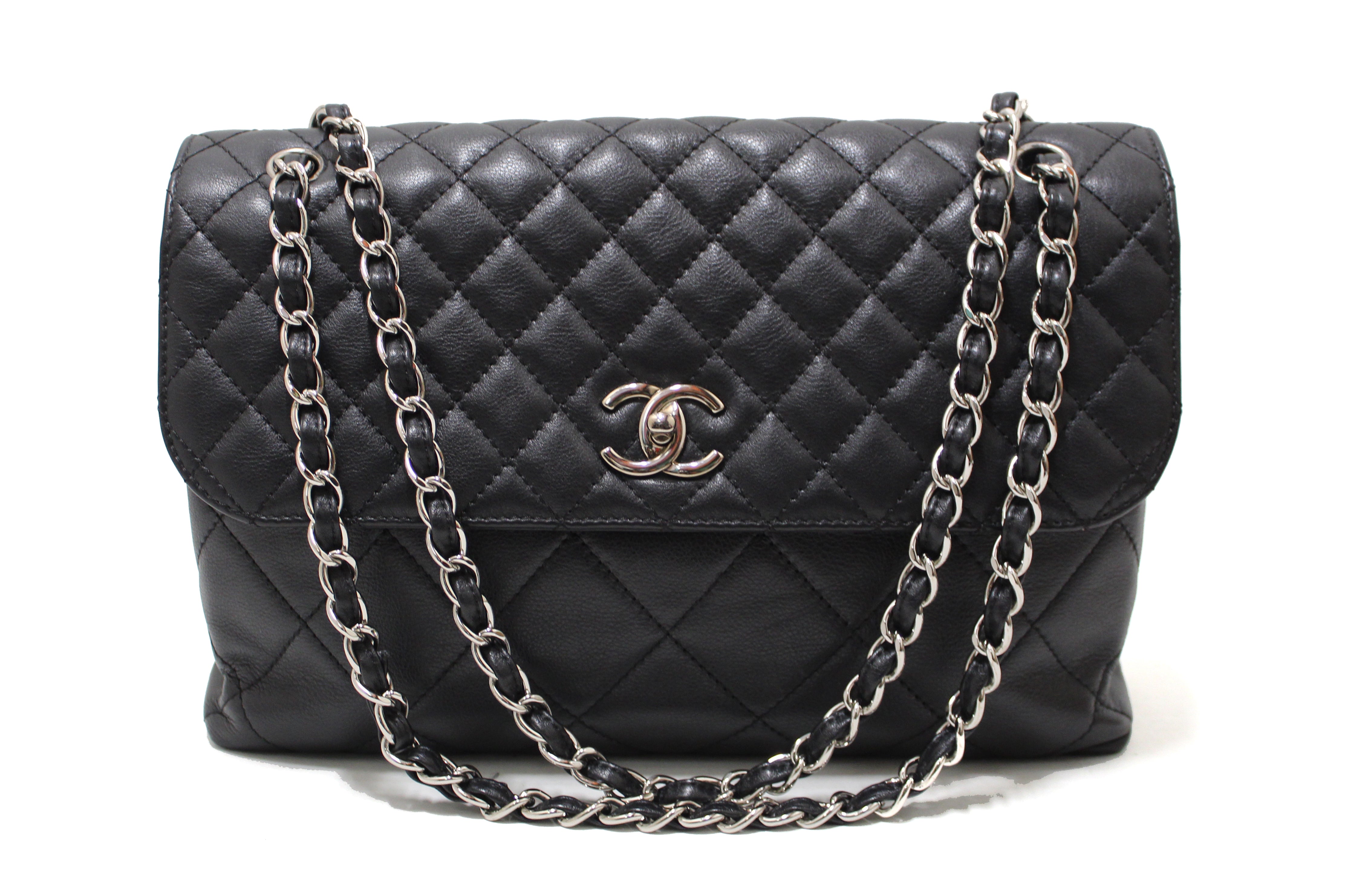 Authentic Chanel Classic Black Single Flap Calfskin Leather Business Maxi Shoulder Bag with Chain Strap - Luxury Designer Handbag for Work, Travel & Evening Events