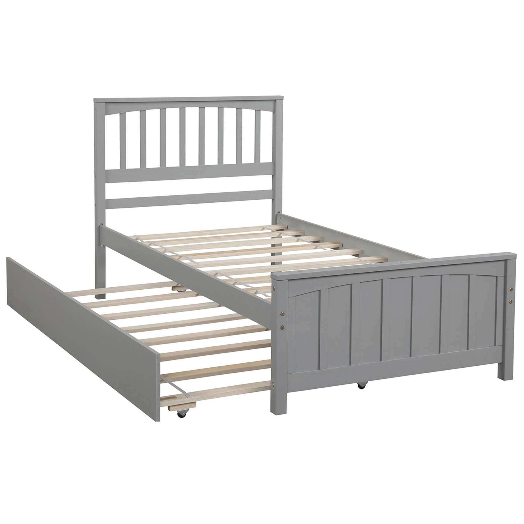 P PURLOVE Twin Size Wood Platform Bed Frame with Trundle - No Box Spring Needed, Gray - Perfect for Kids Rooms, Guest Beds & Small Spaces