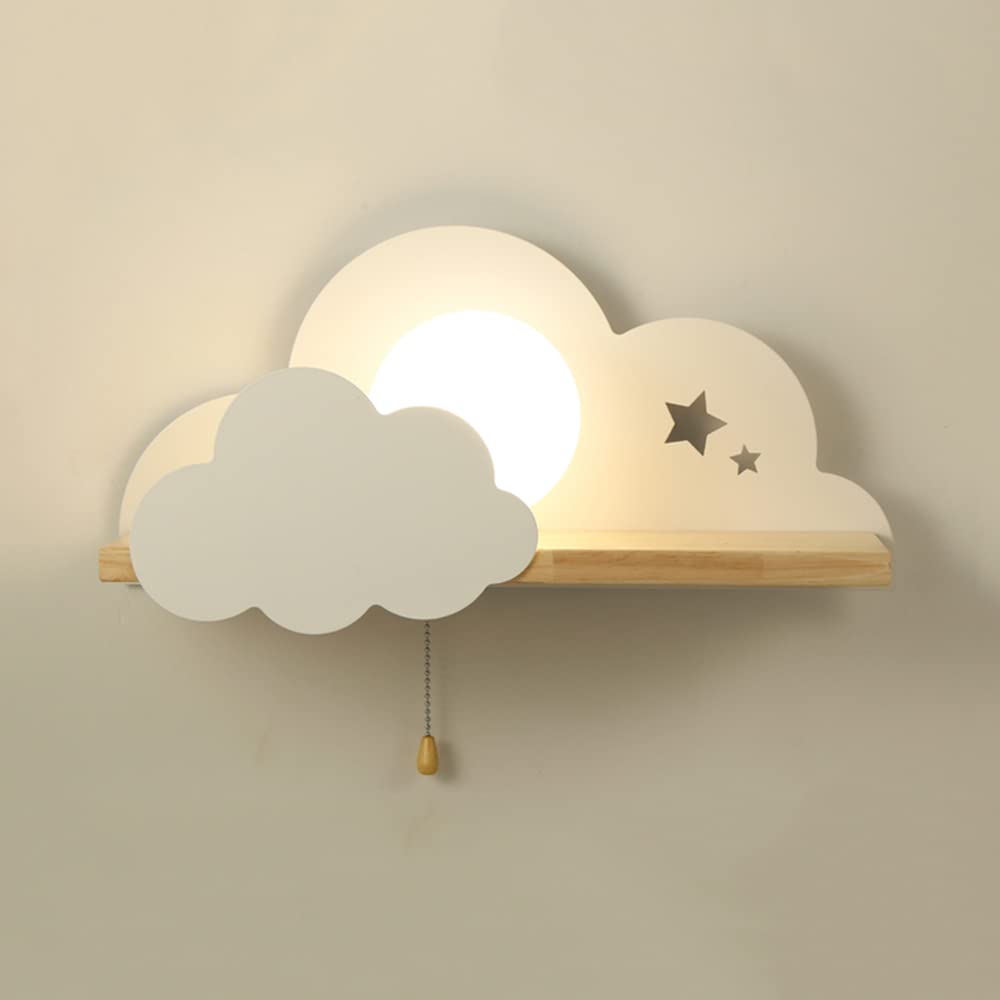 LITFAD Modern LED Wall Sconce Light - Cute Sun & Cloud Design with Pull Chain & Shelf, White Metal Wall Lamp for Girls Bedroom, Kids Room, Hotel Corridor & Stairway - Perfect for Night Light, Nursery Decor & Cozy Ambiance
