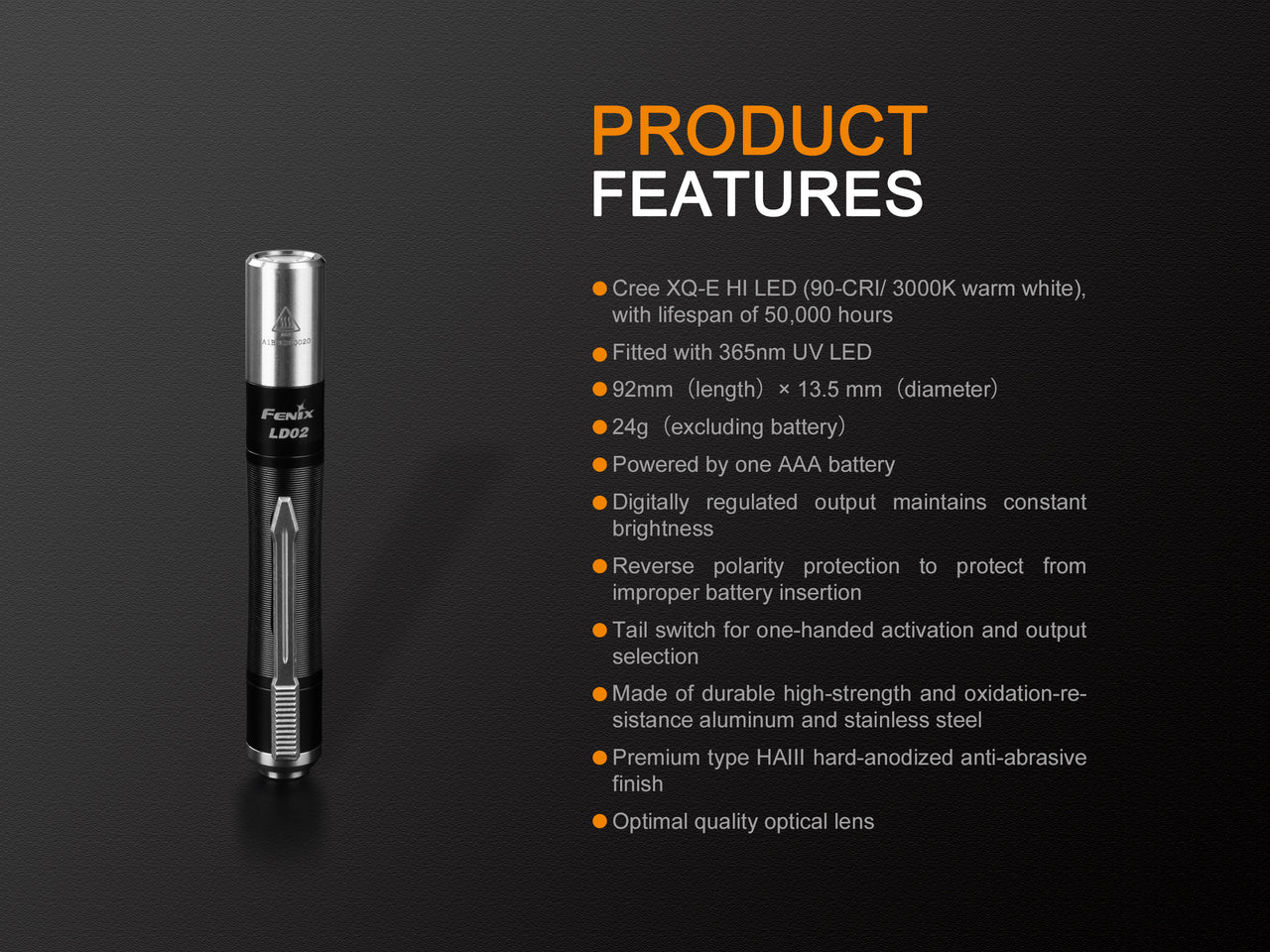 Fenix LD02 V2.0 EDC Flashlight - Ultra Bright LED Penlight with UV Light for Camping, Hiking & Emergency Use