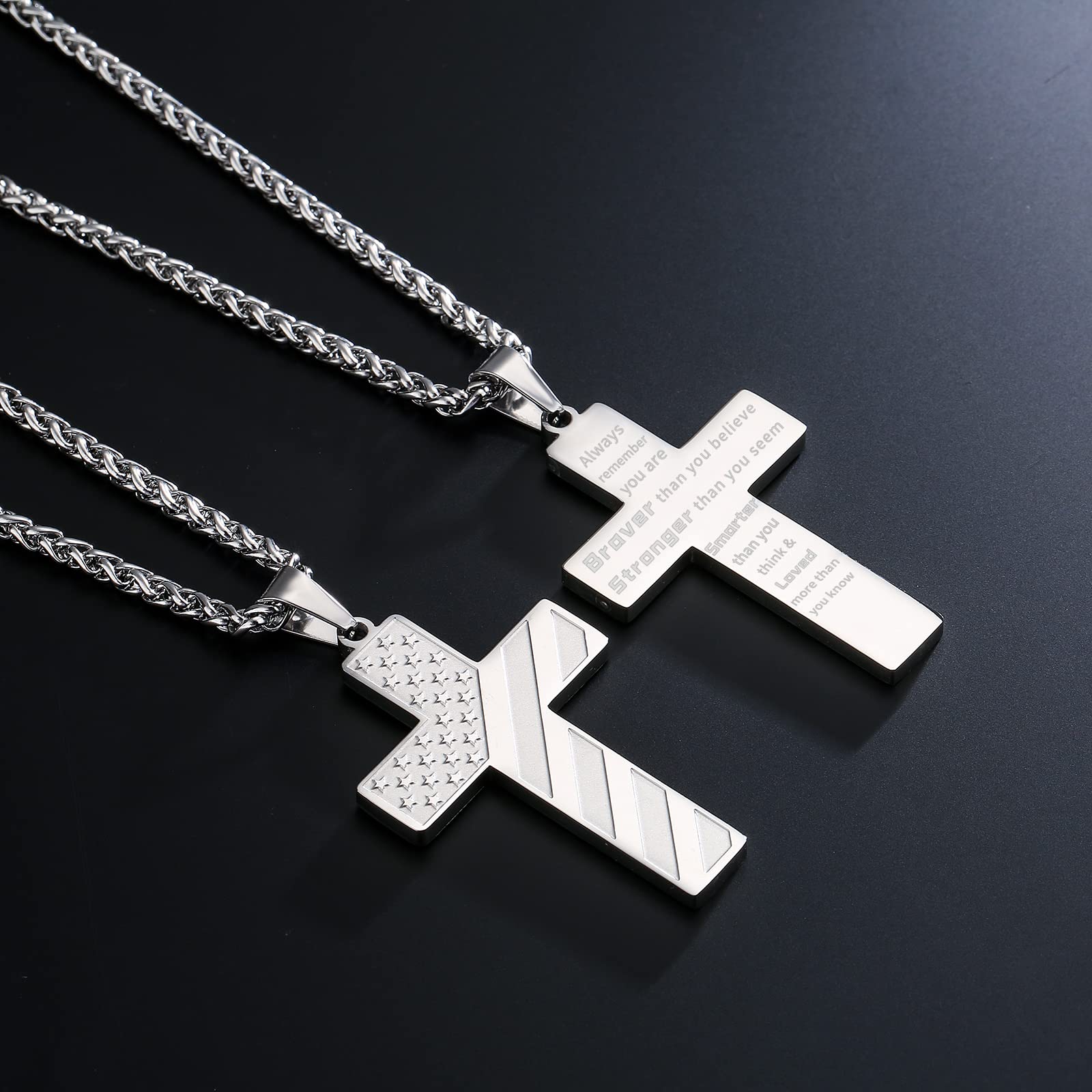 18+2 Inch Stainless Steel Cross Necklace with Bible Verse & American Flag Pendant - Religious Jewelry Gift for Men, Boys, Teens - Perfect for Easter, Graduation, Daily Wear & Special Occasions