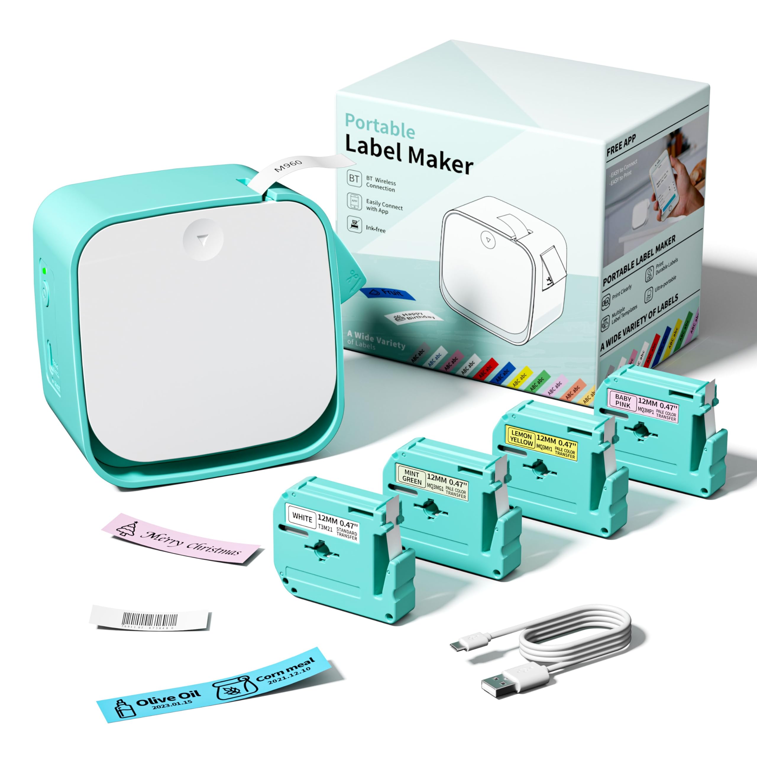 Rechargeable Bluetooth Label Maker Machine with Tape - Portable M960 Mini Label Printer for Home, School, Office & Kids Organization | Compatible with iOS & Android | Multiple Font Styles for Custom Labels | Perfect for Organizing Pantry, Classroom Supplies & Toy Storage
