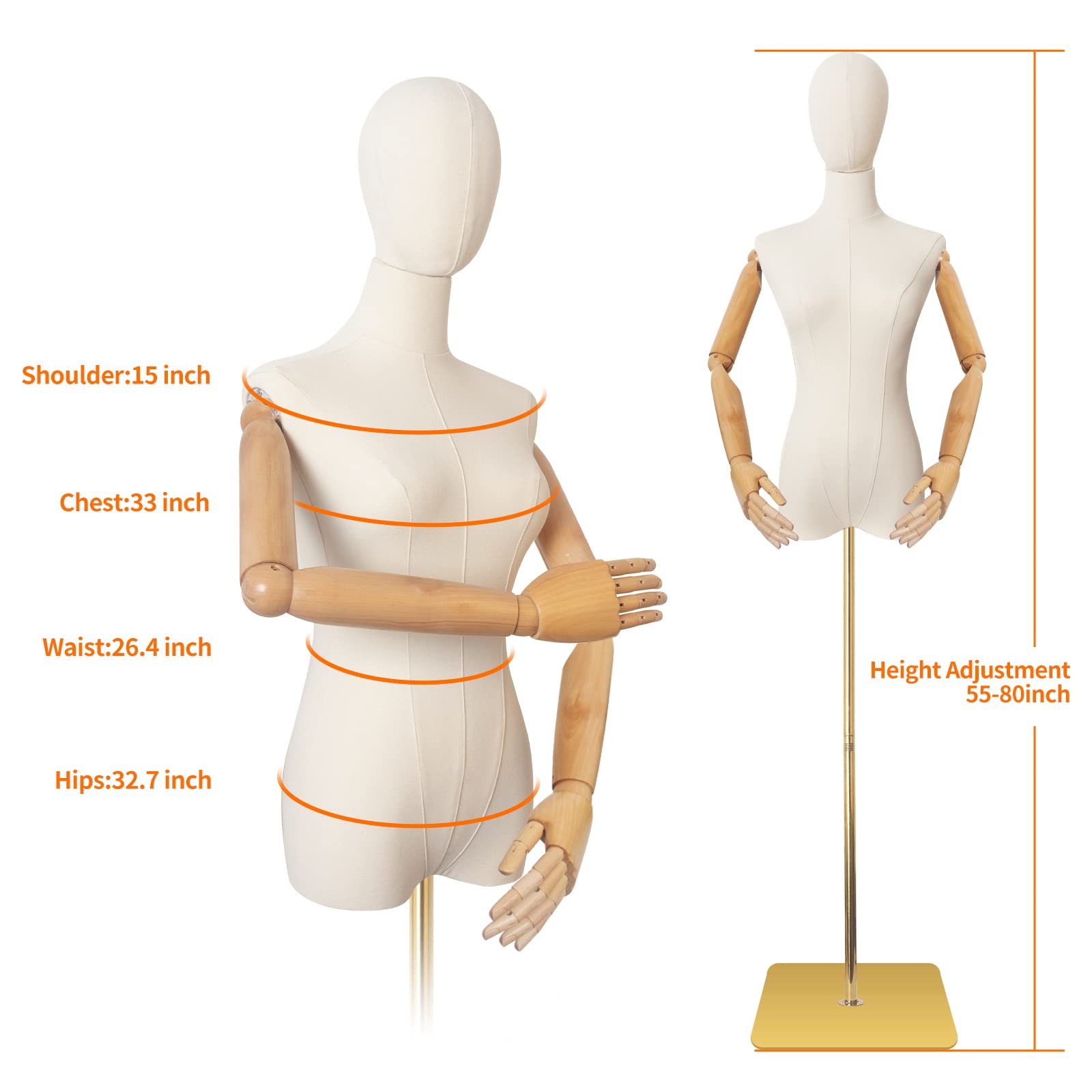 Adjustable Female Dress Form Mannequin with Detachable Head & Wooden Hands - Linen Fabric Torso on Metal Stand for Fashion Design, Sewing & Display - Perfect for Tailors, Designers & Boutiques