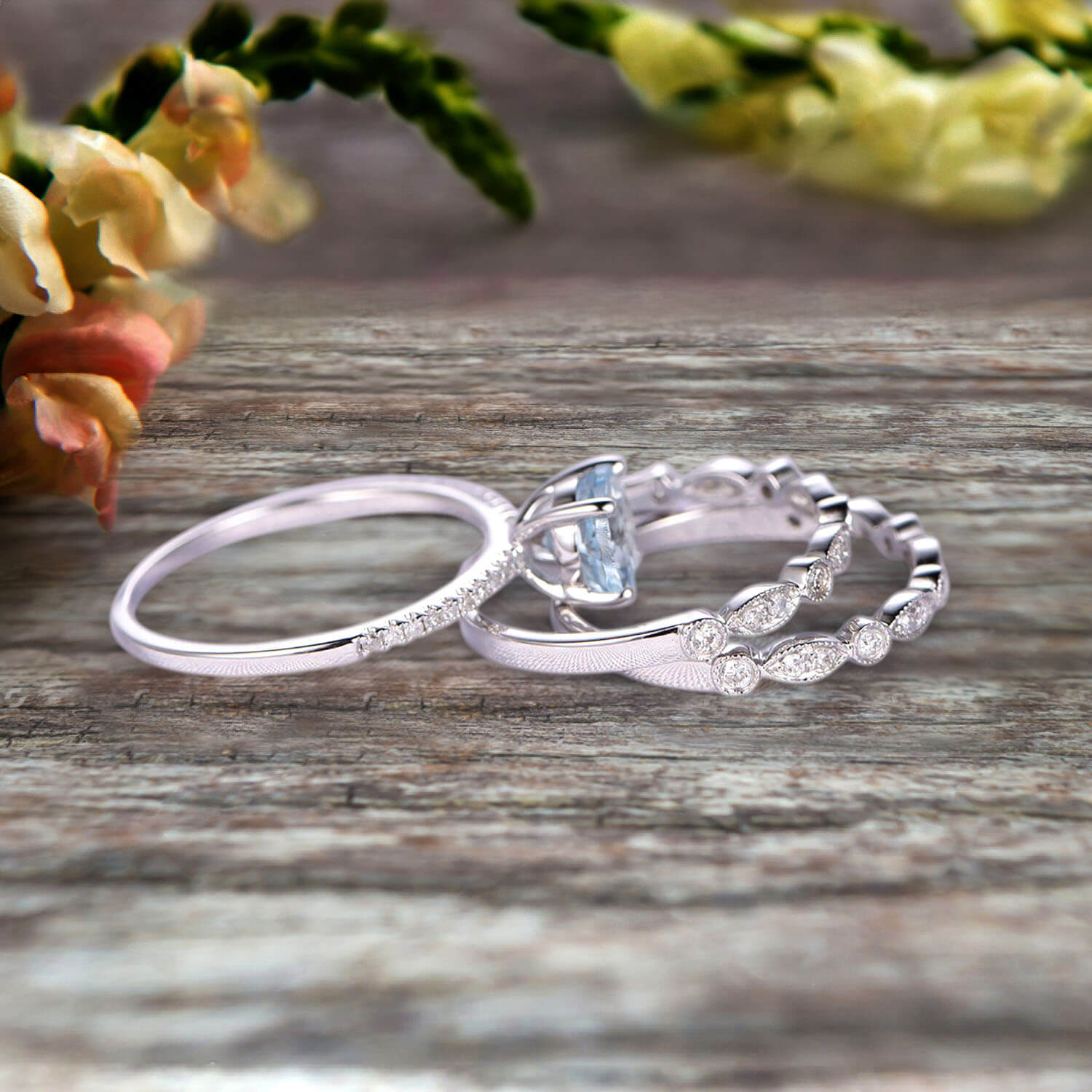 1.75 Carat 3-Piece Wedding Ring Set with Round Cut Aquamarine Engagement Ring in 10K White Gold - Art Deco Style for Bridal Jewelry, Anniversary Gifts & Special Occasions