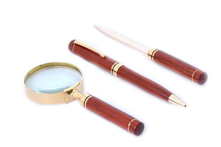 Premium Personalized Rosewood & Brass Pen, Letter Opener & Magnifier Gift Set with Custom Engraving - Executive Office Desk Set for Professionals & Corporate Gifts