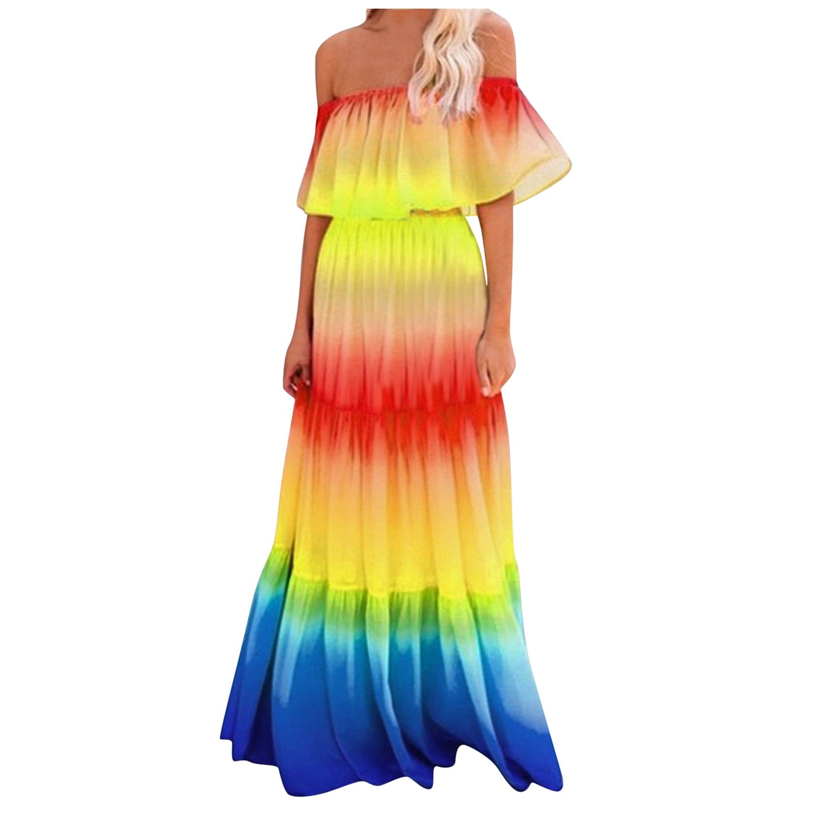 Rainbow Off Shoulder Tiered Maxi Dress for Women - Flowy Summer Beach Dress for Vacations, Parties & Boho Outfits