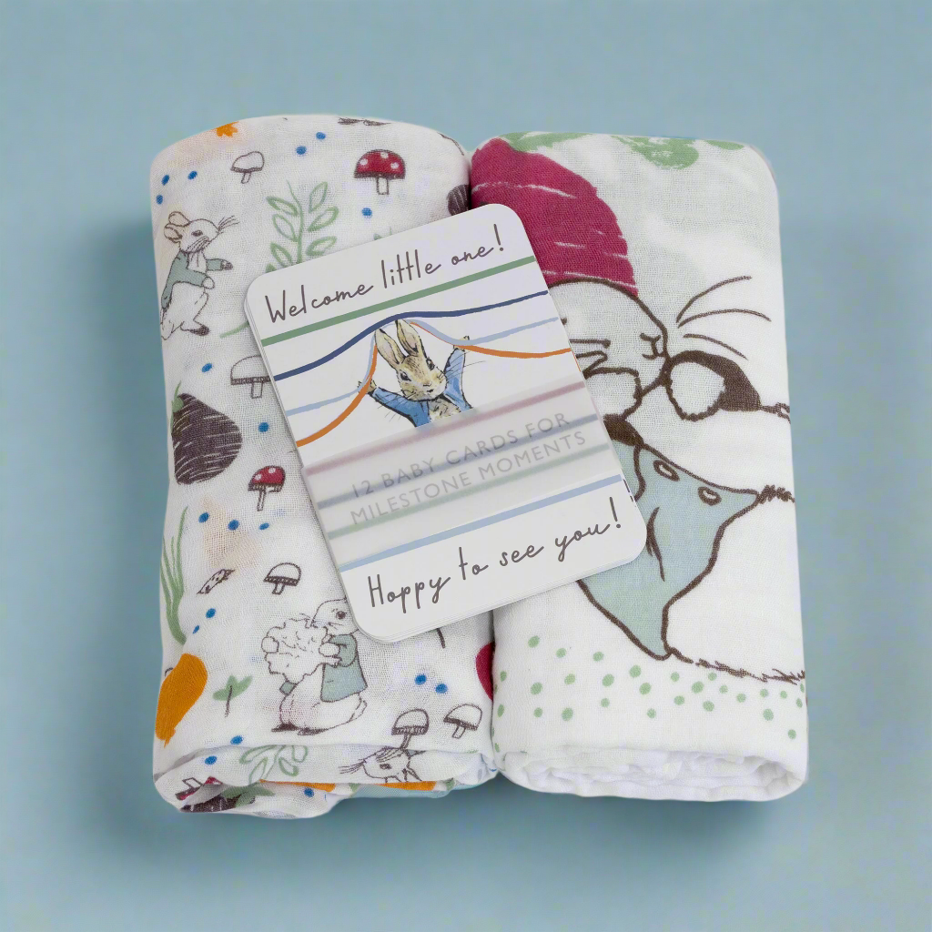 Peter Rabbit 'New Adventure' 2-Pack Muslin Swaddle Blankets & Milestone Cards Set - Blue | Soft Baby Swaddles for Newborns & Photo Props for First Year Memories | Perfect Baby Shower Gift & Nursery Essentials