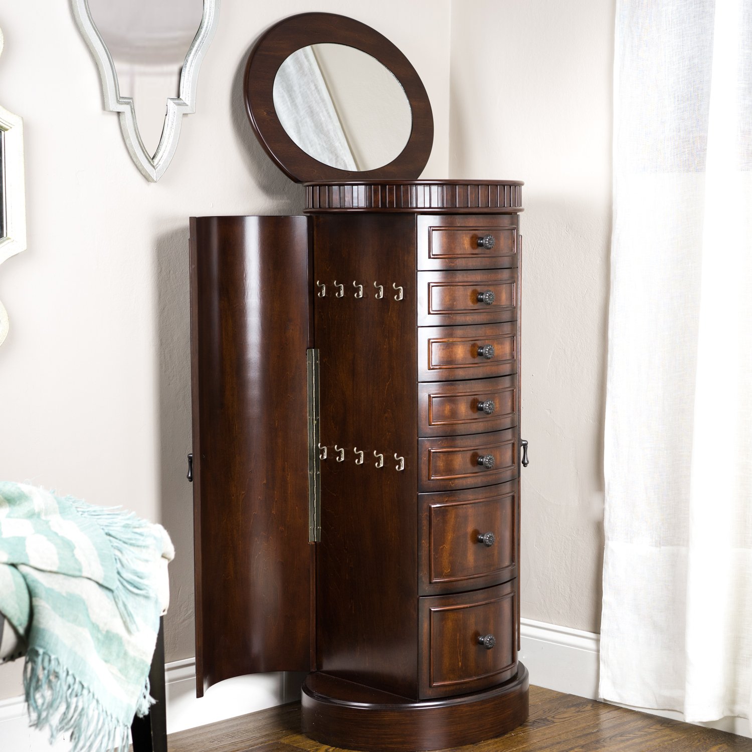 Bailey Oval Jewelry Armoire with Mirror & Drawers - Walnut Jewelry Storage for Necklaces, Earrings & Bracelets - Bedroom & Closet Organizer