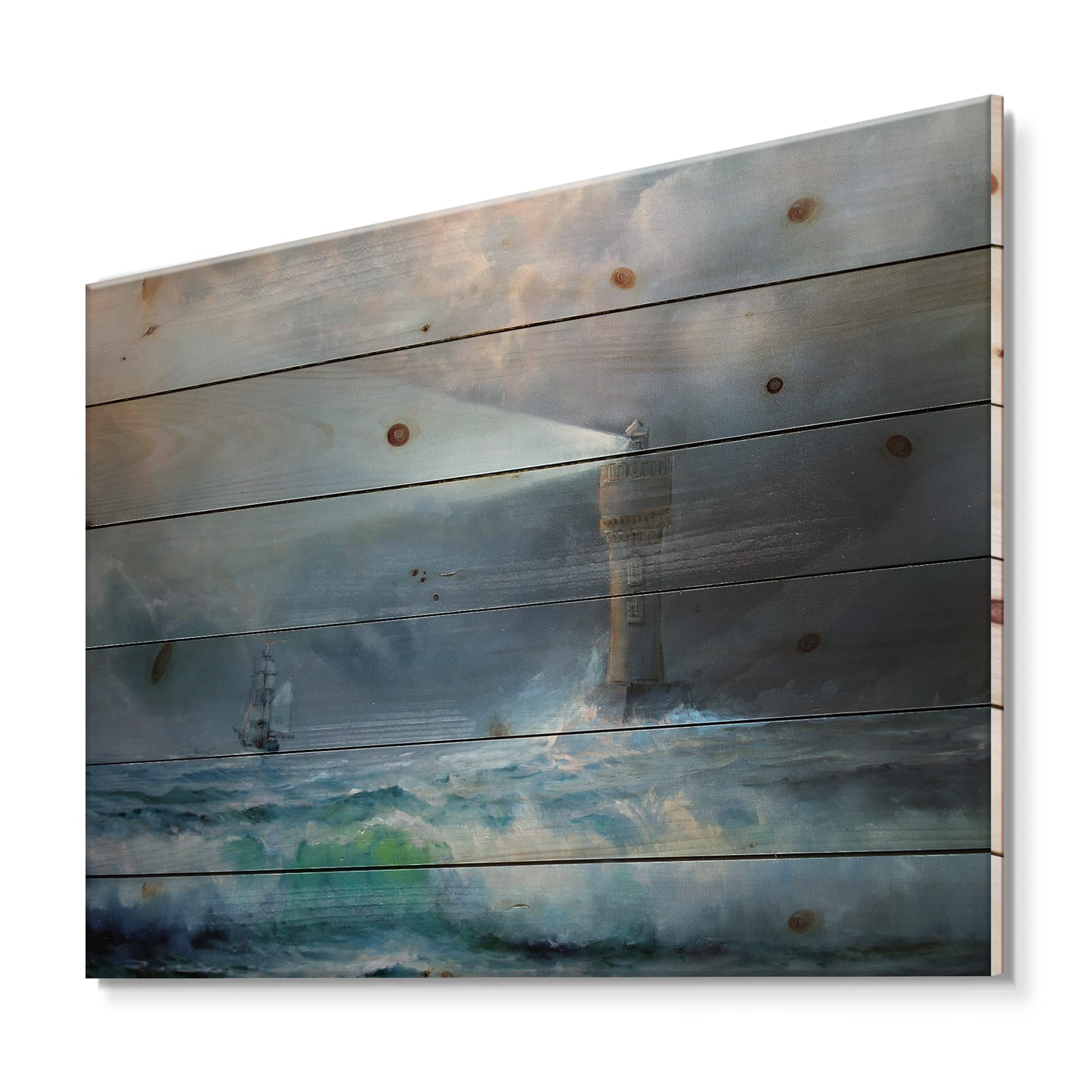 Nautical Lighthouse Wood Wall Art - Stormy Night Coastal Decor, Blue Wooden Wall Panel, Large Beach House Decor Printed on Natural Pine Wood | Perfect for Living Room, Bedroom, or Beach Cottage Wall Decoration