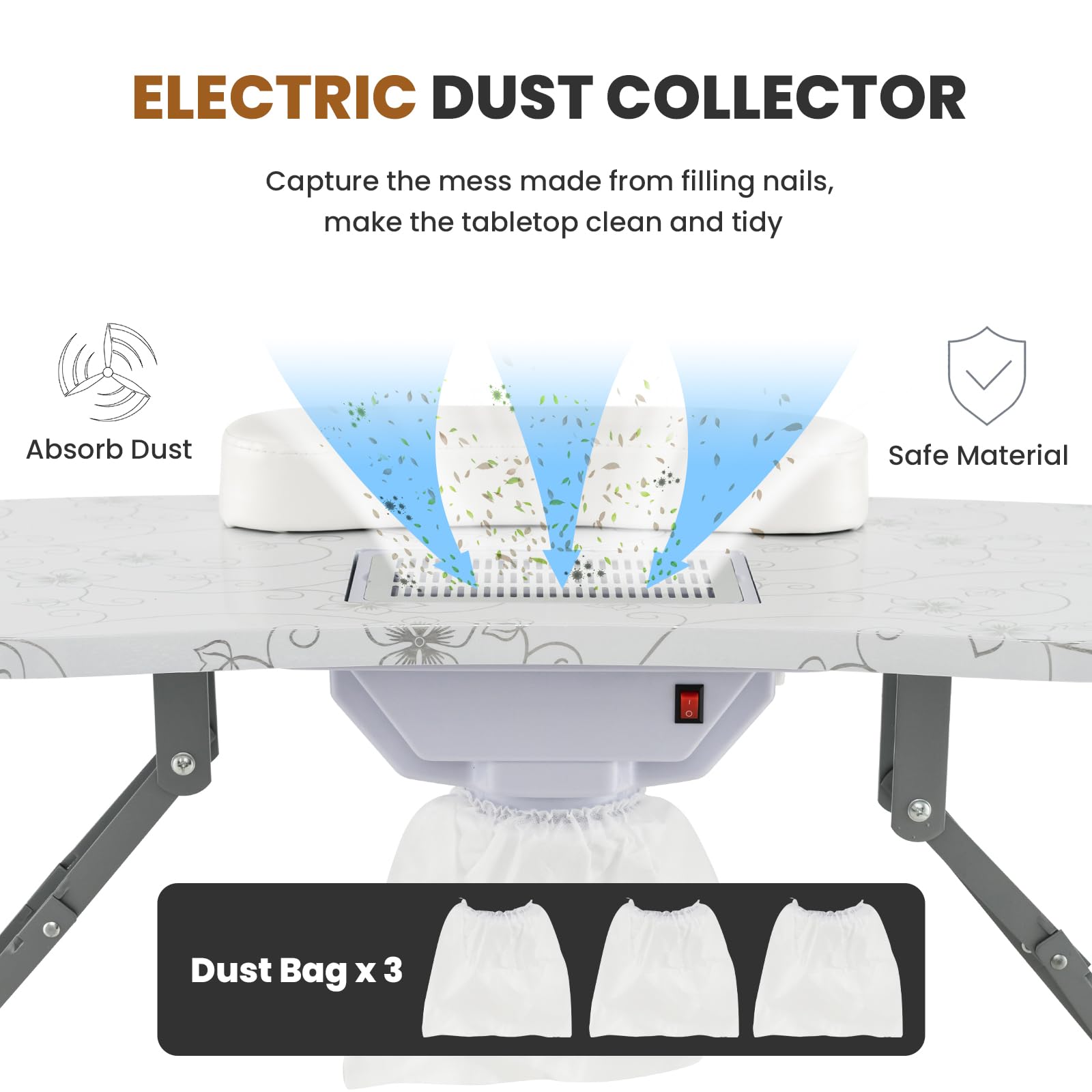 WELLHUT Professional Nail Table All-in-One Manicure Station with Electric Dust Collector, LED Nail Lamp, Carry Bag & Wrist Cushion - Mobile Nail Desk with Universal Mute Wheels for Home Spa, Beauty Salon & Professional Manicurists - Perfect for Nail Art, Gel Polish & Pedicure Services