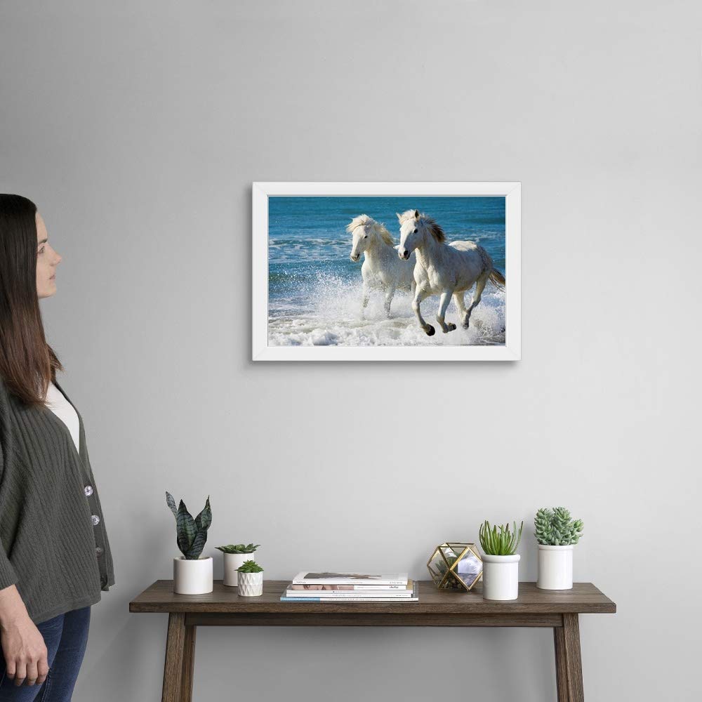 Camargue Horses Running on Beach - White Framed Wall Art Print - Elegant Horse Painting Decor for Living Room, Bedroom & Office