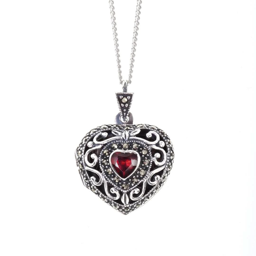 Vintage Garnet Heart Locket Pendant in 14K White Gold - Perfect for Valentine's Day Gifts, Anniversary Presents & Romantic Occasions