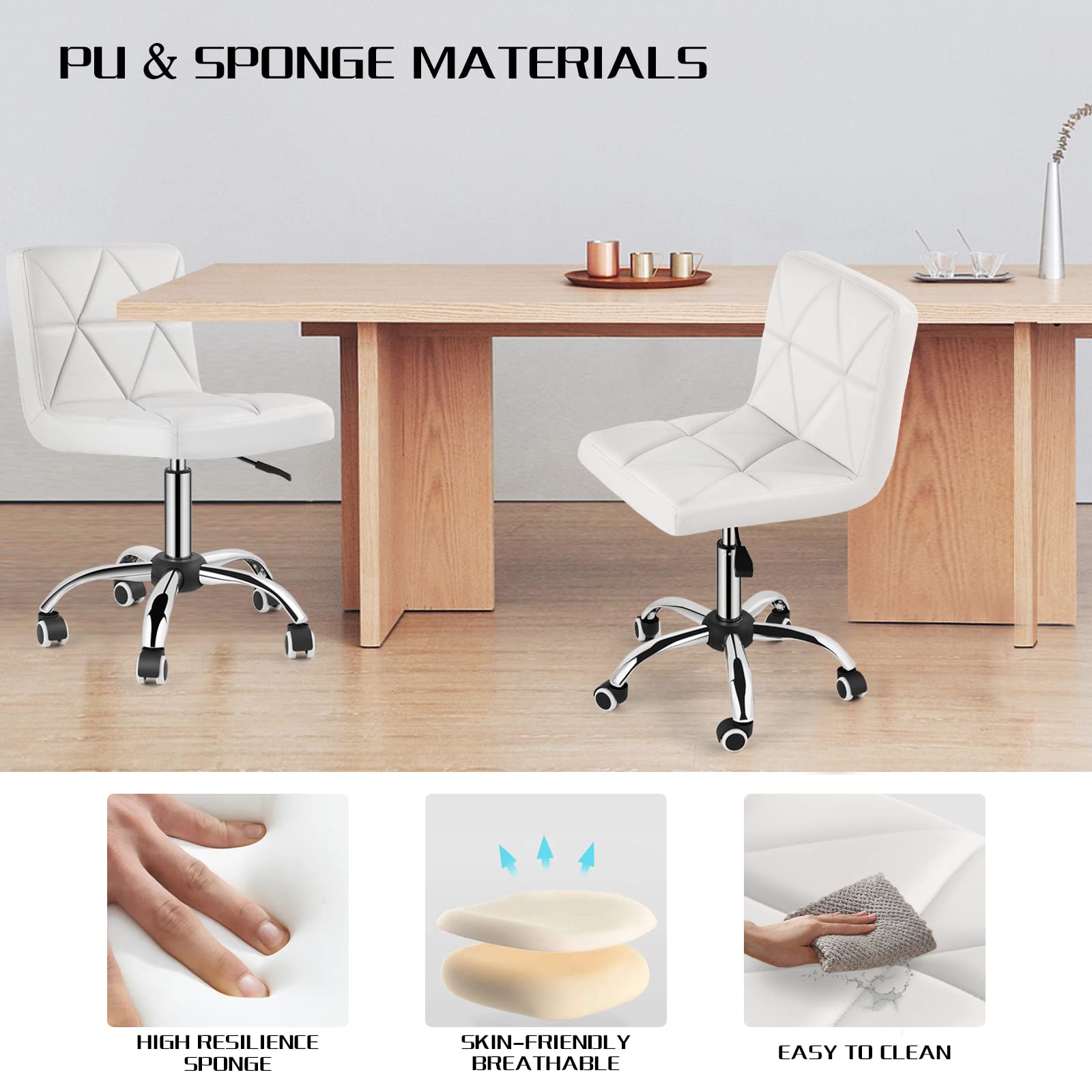 Adjustable Low Back Swivel Office Chair with Rolling Wheels - Armless Executive Desk Chair with Diamond Pattern for Home Office, Computer Work & Barber Shop - White Ergonomic Task Chair for Comfortable Working & Styling