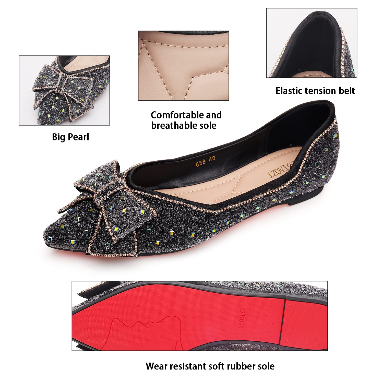 Sparkly Rhinestone Pointed Toe Ballet Flats for Women - Glitter Flower Wedding Dress Shoes Comfortable for Bridal Party, Prom & Evening Events
