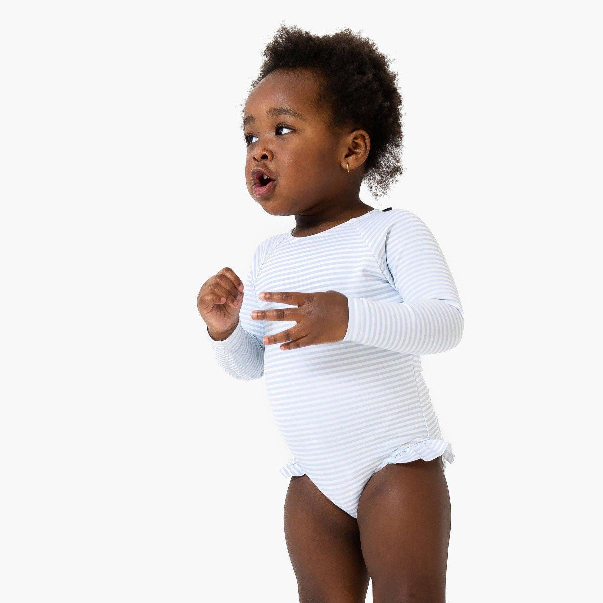 Girls Powder Blue Stripe Rashguard One Piece - UPF 50+ Sun Protection Swimwear for Toddler & Kids - Perfect for Beach, Pool & Water Sports