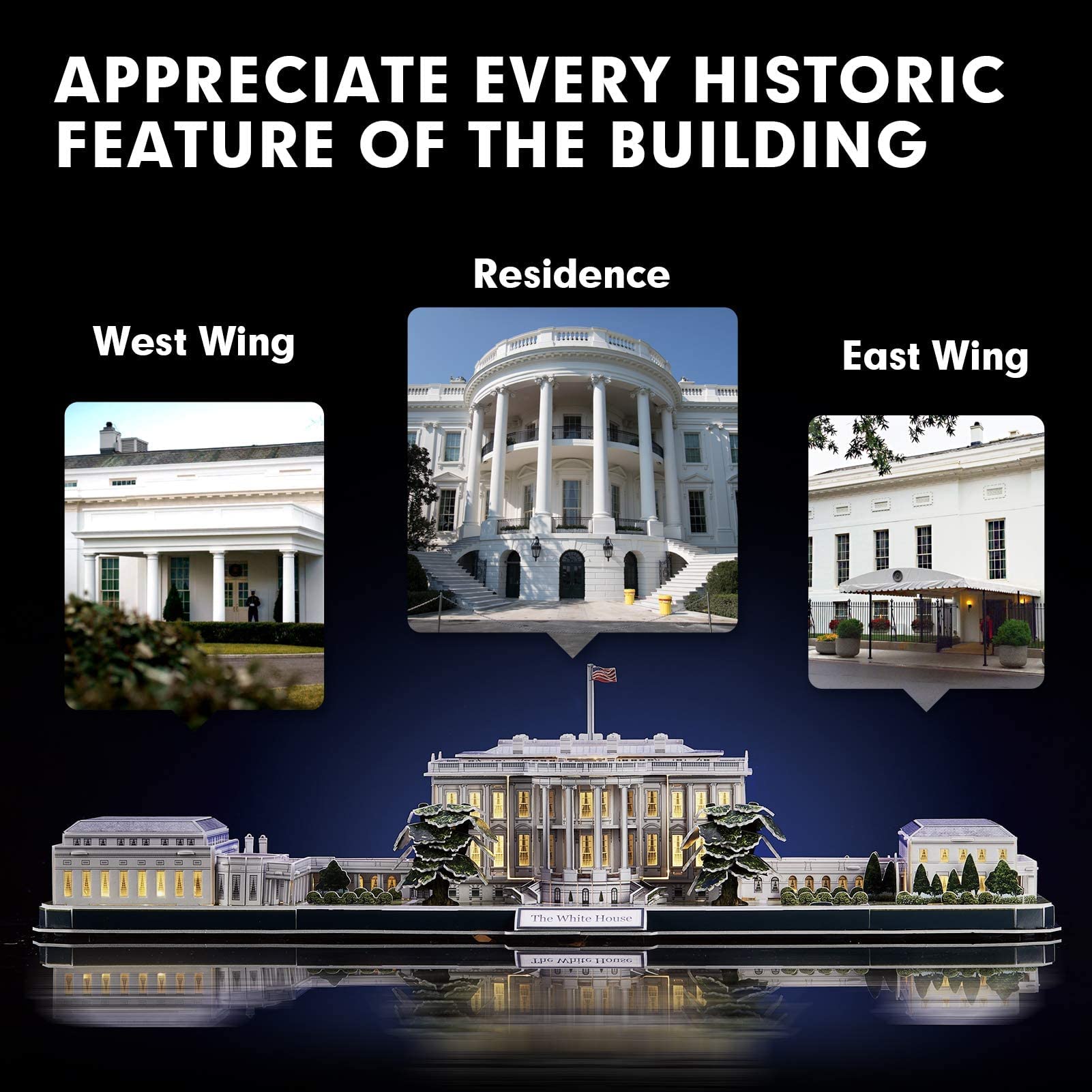 CubicFun 3D Puzzle LED Rotatable White House Model Kit with Detailed Interior – 151 Pieces US Architecture Building Set for Adults, Family Puzzle Desk Decor – Perfect Birthday Gift for Women & Men | Home Office Decoration & Collectible Display