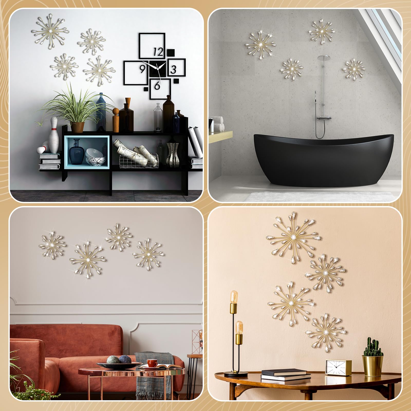 Hicarer 4-Piece Starburst Wall Decor Set - Crystal Teardrop 3D Hanging Rhinestone Radial Metal Artwork, Modern Gold Accent Sculptures for Living Room, Home Office, Bedroom - Perfect for Home Decor, Wedding, Party & Gift Giving
