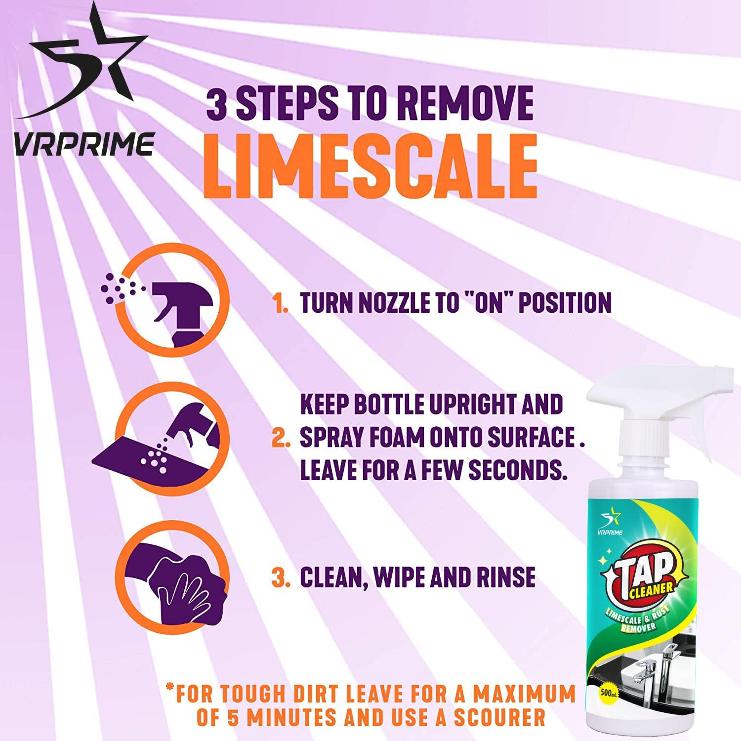 VRPRIME Tap Cleaner - Powerful Limescale & Hard Water Stain Remover for Bathroom Taps, Showers, Sinks & Tiles | All-Purpose Bathroom Cleaning Liquid for Stain Removal | Perfect for Kitchen, Bathroom & Glass Surfaces (500ml)
