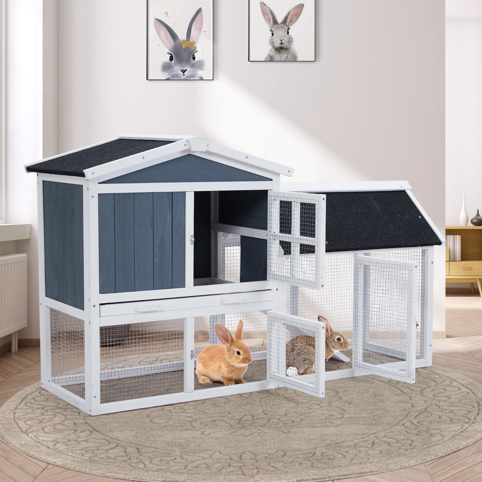 54in Wooden Rabbit Hutch for Outdoor & Indoor Use - Weatherproof Bunny Cage with Side Runs, Removable Tray & Ramps - Ideal for Rabbits, Chickens, Guinea Pigs & Small Pets - Perfect for Backyard, Garden or Indoor Pet Housing
