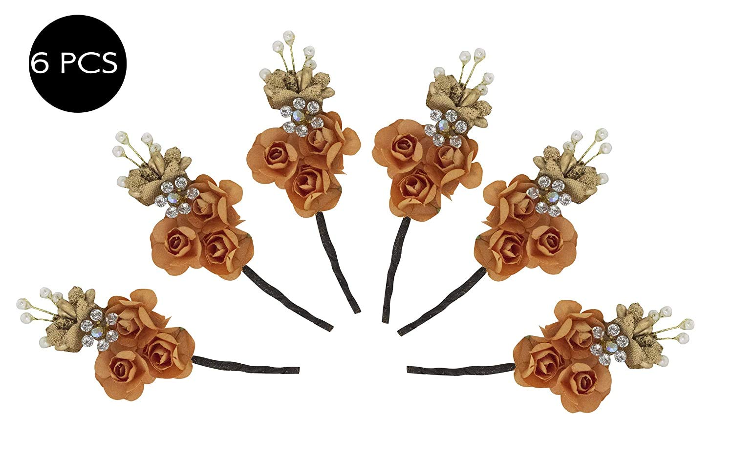 Inaaya Hair Juda Bun Flower Pins for Women - Yellow Hair Styling Accessories (Set of 6) - Perfect for Weddings, Parties & Everyday Hairstyles